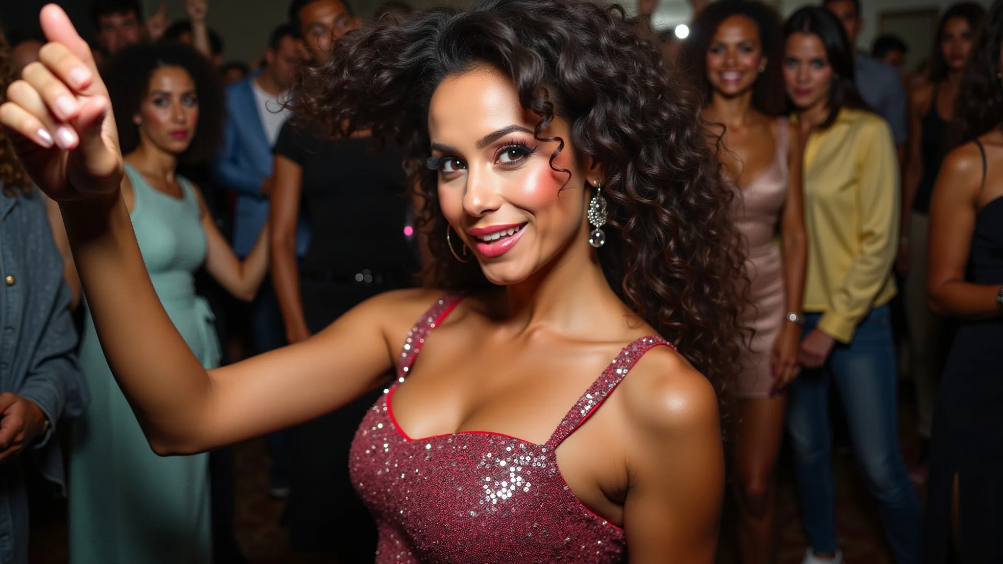 Mulher brasileira em vestido de festa com paetês, maquiagem ousada e cabelo volumoso anos 80.