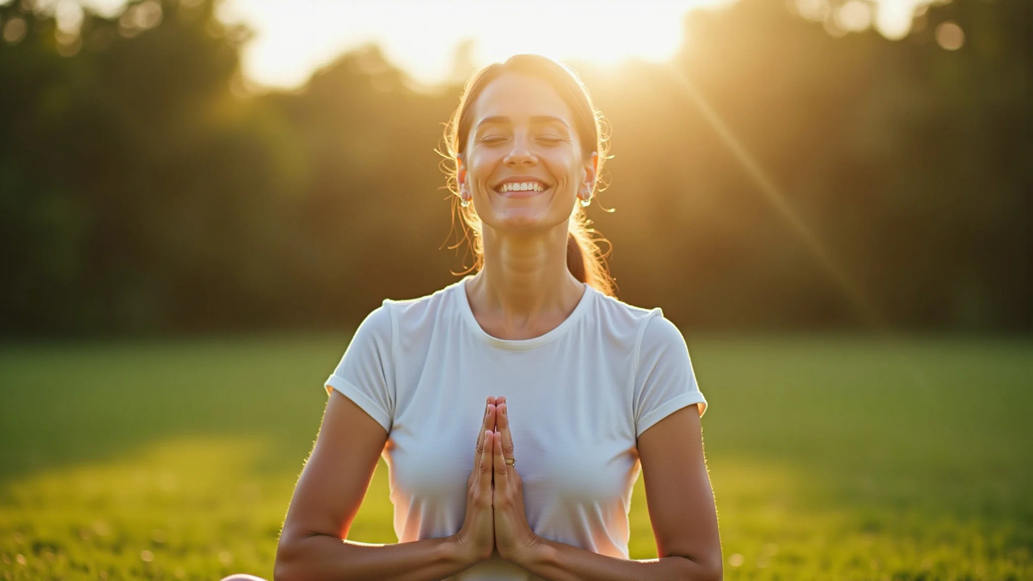 Mulher brasileira meditando em jardim tranquilo, representando autocuidado e mindfulness.