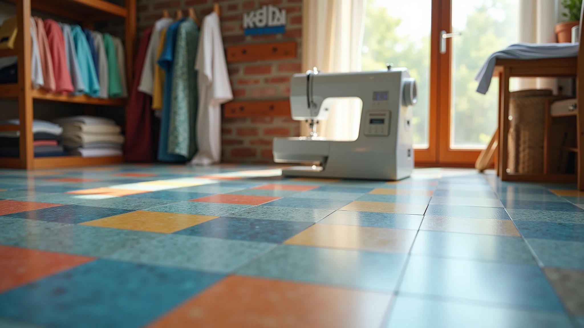 Ateliê de costura iluminado com piso vinílico colorido, máquina de costura e tecidos.