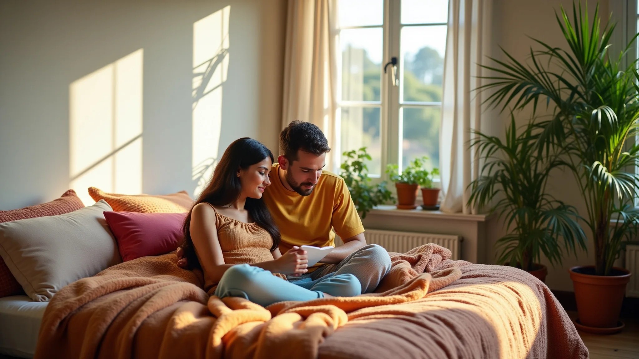 Quarto de casal aconchegante com paredes neutras e vibrantes têxteis brasileiros.