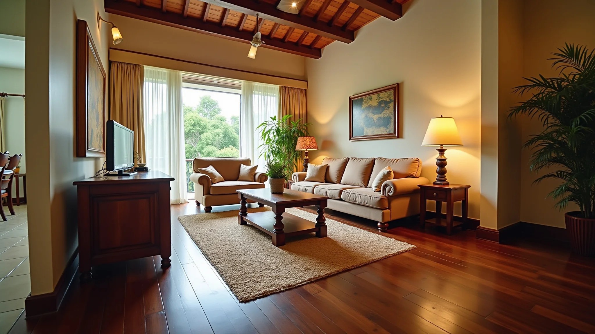 Sala de estar aconchegante com móveis de madeira impecáveis e decoração brasileira.