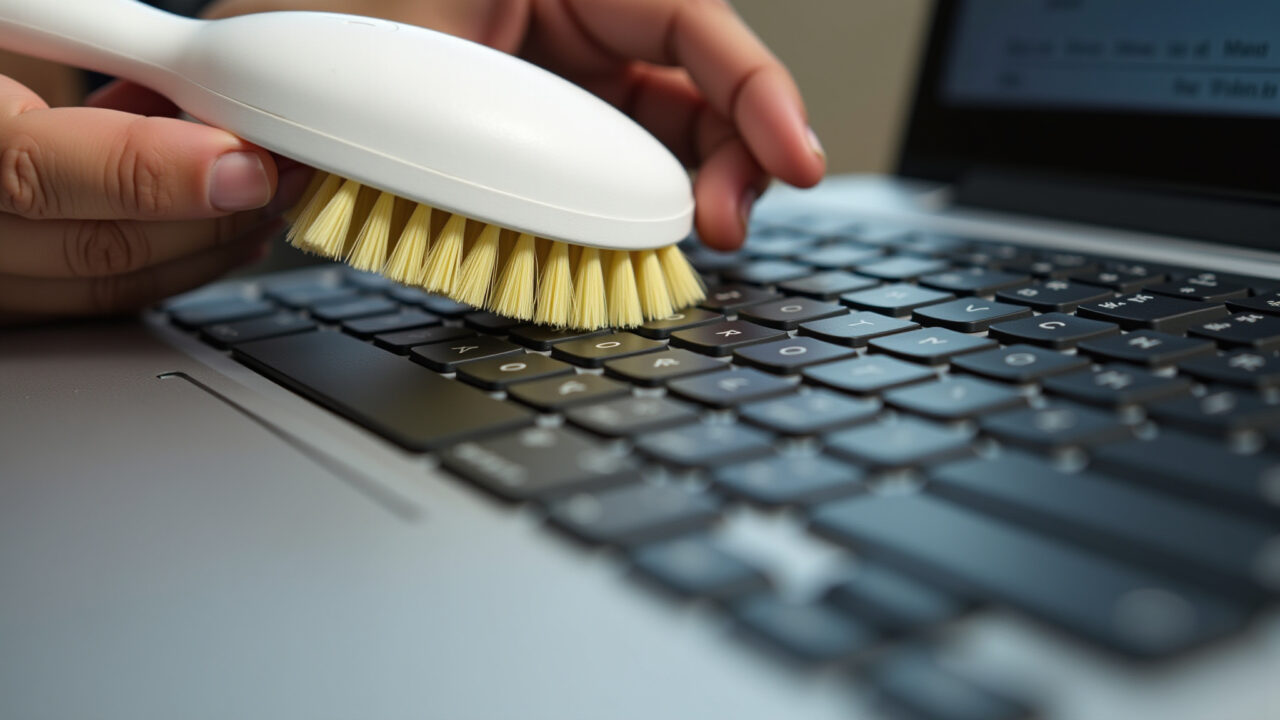 Pincel macio limpando teclado de computador.