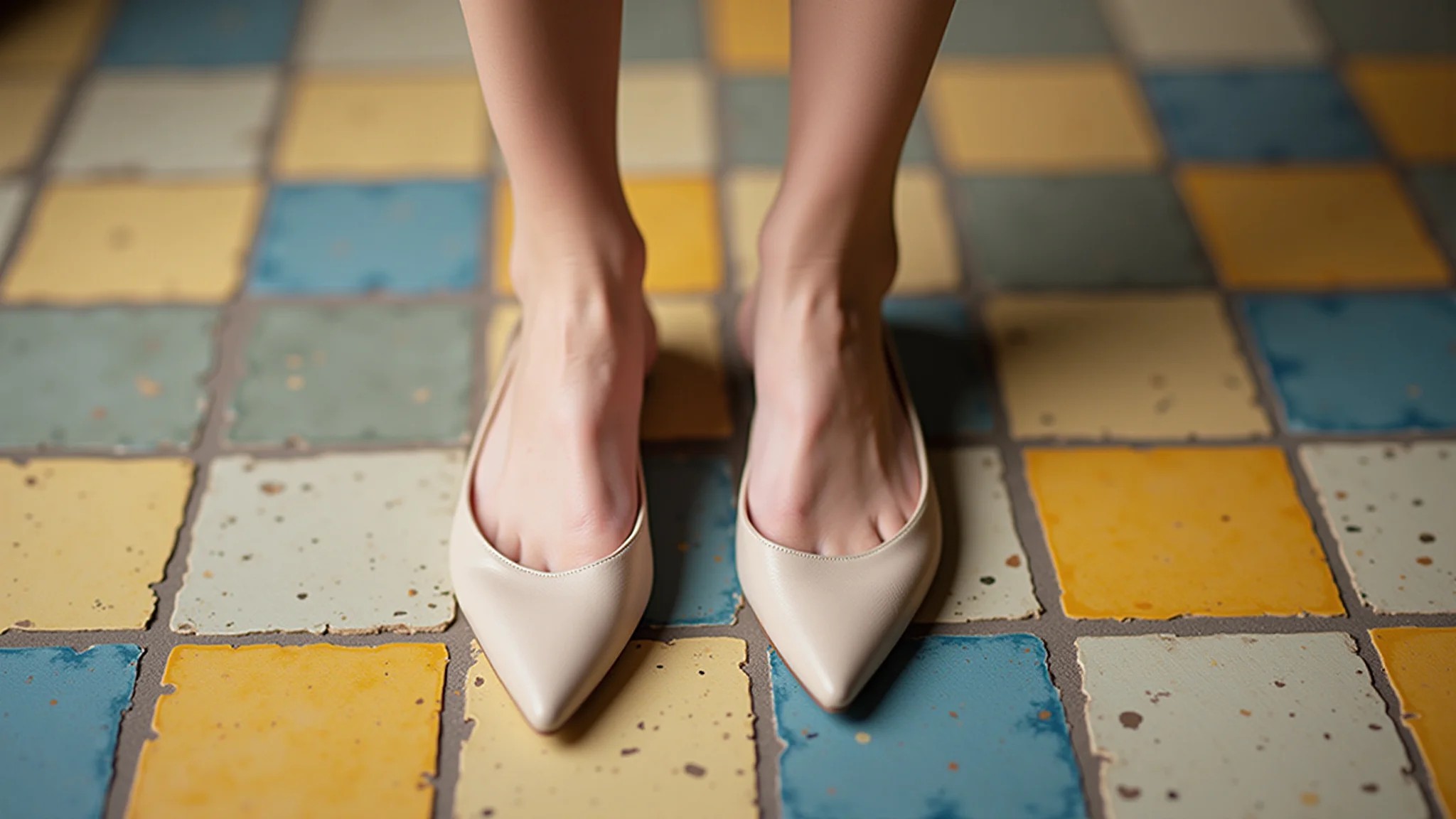 Close das sapatilhas nude de bico fino em piso de azulejo brasileiro.