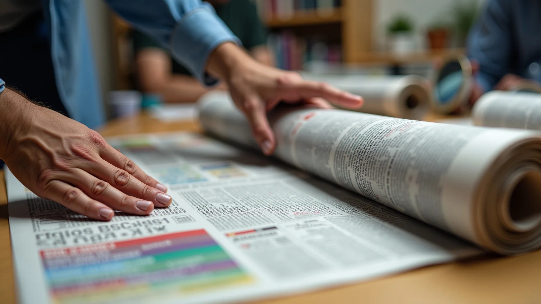 Detalhe da produção de canudos coloridos de jornal para cestaria.