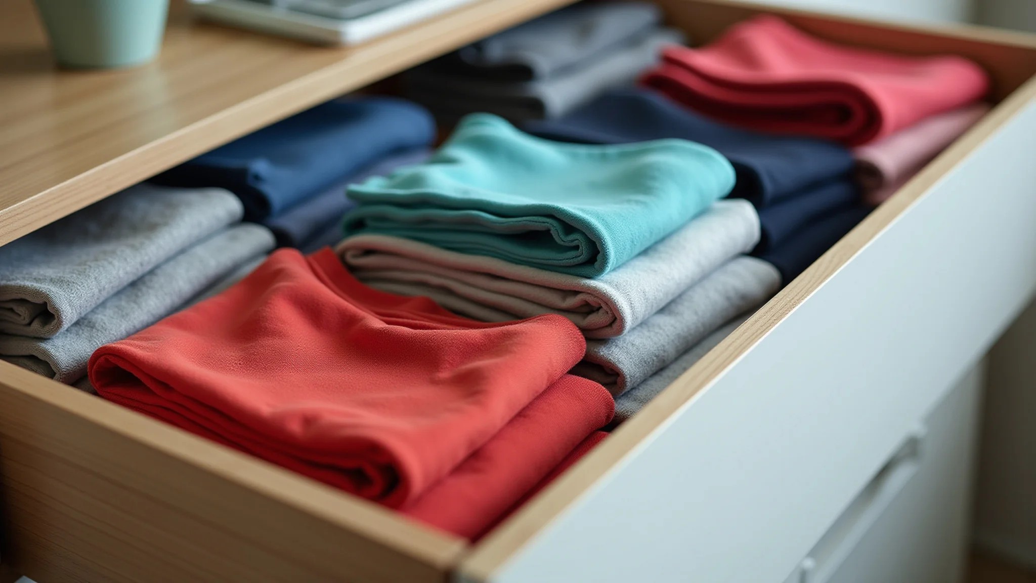 Roupas dobradas em gaveta com organizadores, foco nos detalhes.