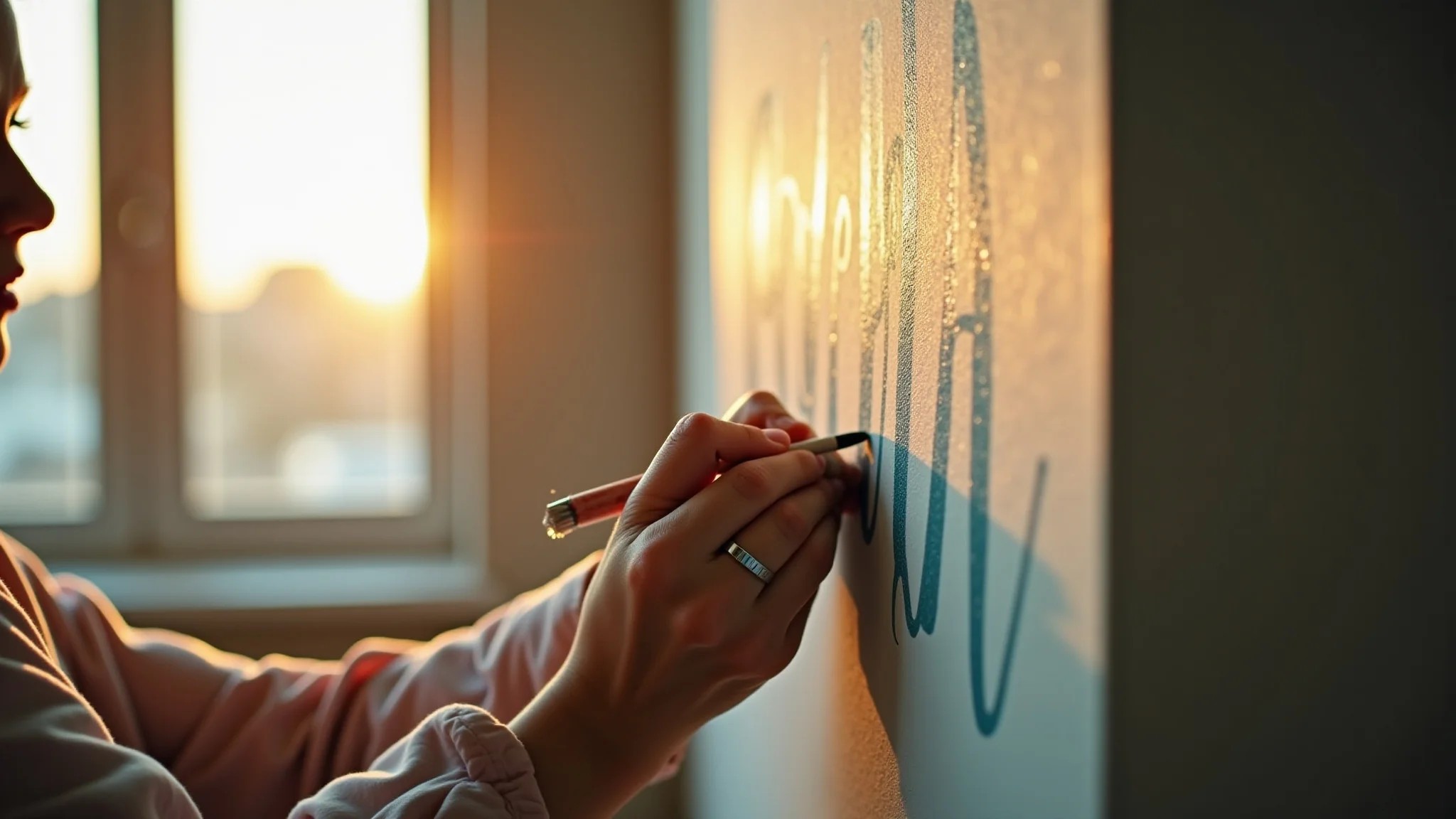 Mãos criando lettering vintage com tinta chalk paint em parede de quarto.