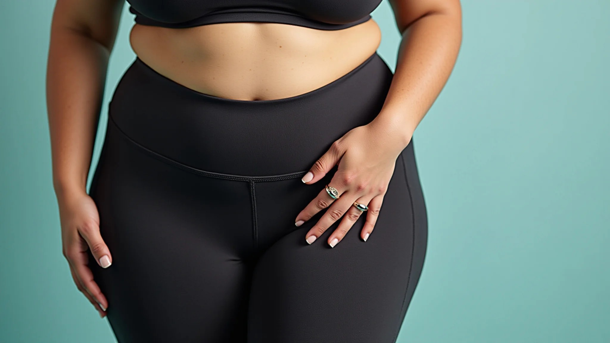 Close-up de leggings plus size de alta qualidade, design confortável e cores vibrantes.