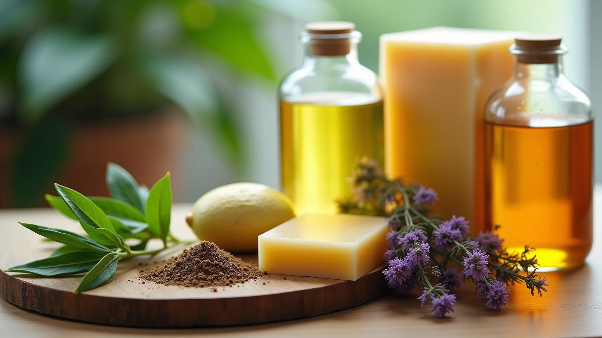 Ingredientes naturais para sabonetes: ervas, óleos, flores em estilo brasileiro.