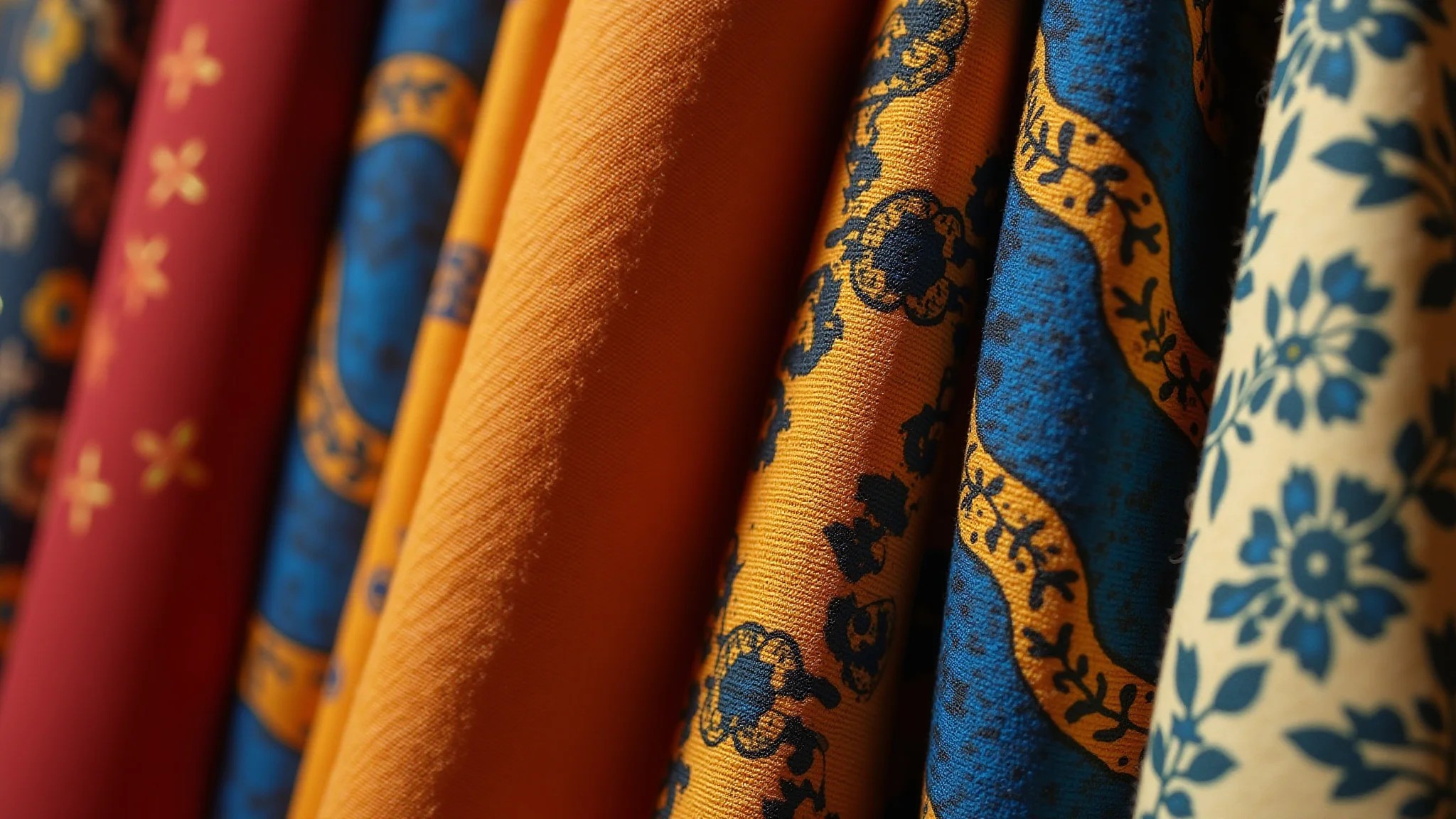 Detalhe de tecidos africanos texturizados e estampas geométricas na moda afro-brasileira.