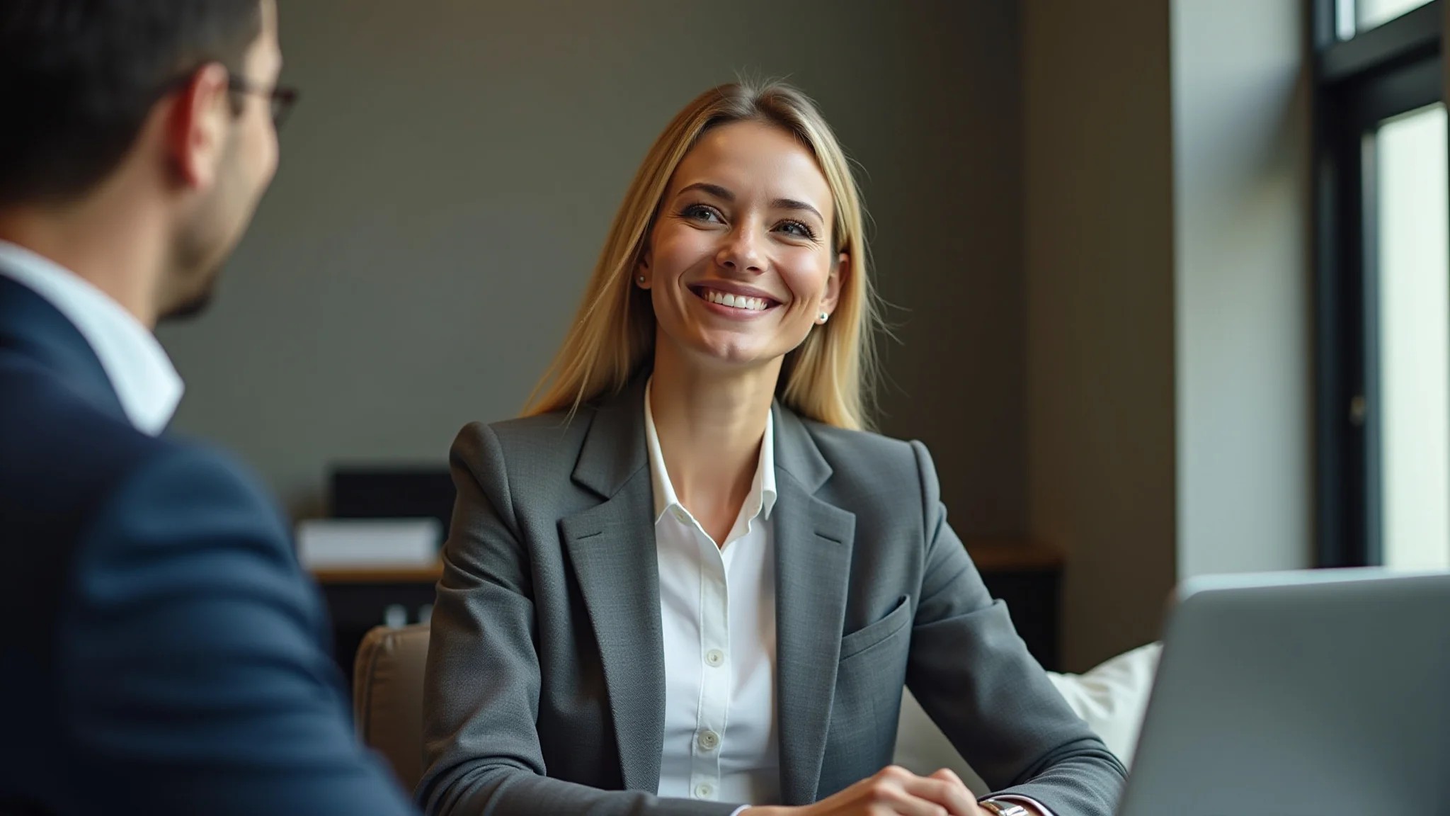 Mulher confiante de blazer em entrevista de emprego, transmitindo profissionalismo.