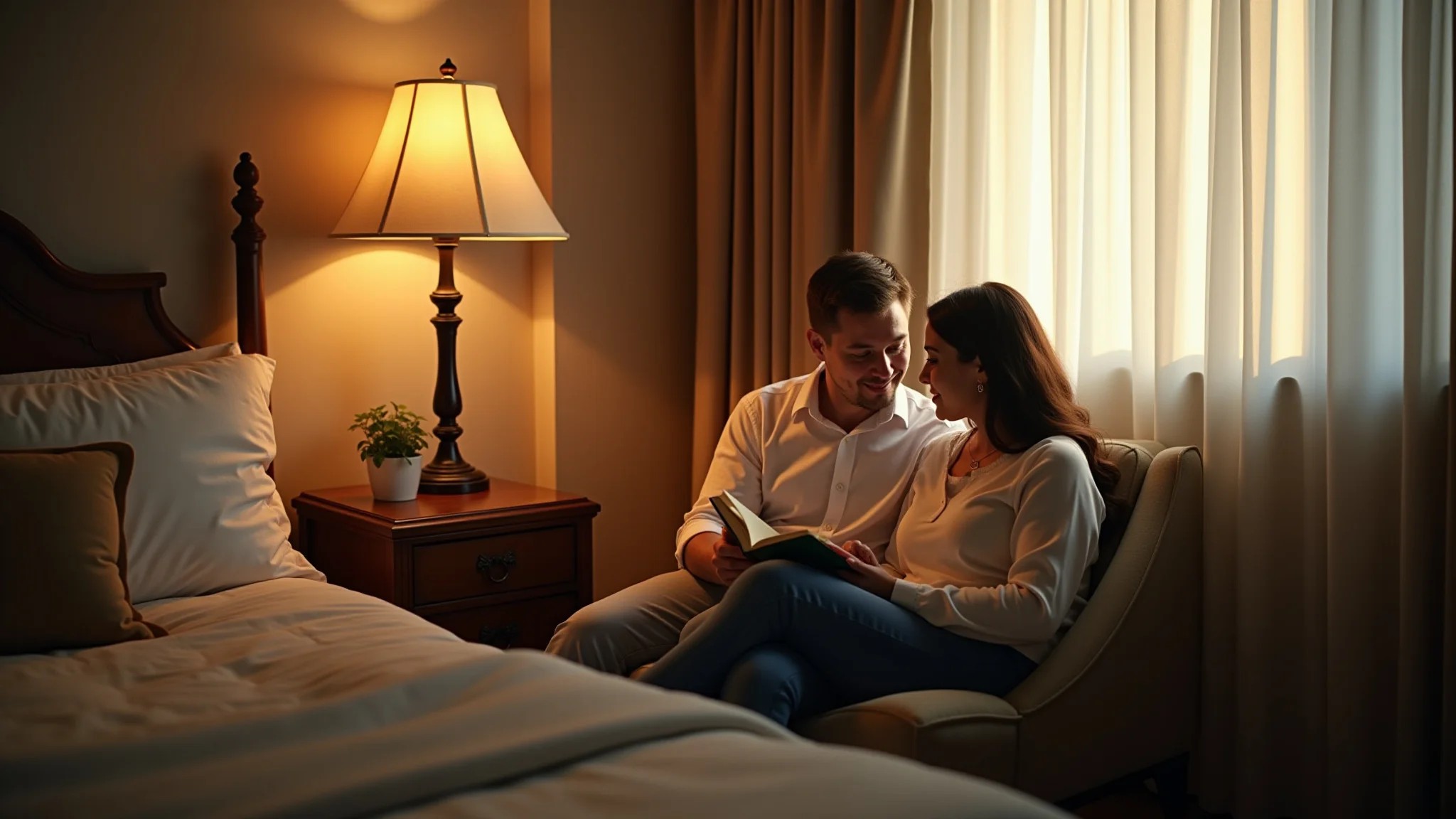 Cantinho de leitura em quarto de casal com luminária de chão e poltrona confortável.