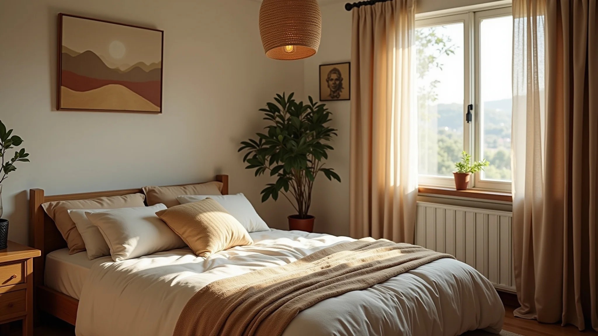 Quarto de casal brasileiro aconchegante, decoração simples, iluminação quente e têxteis naturais.