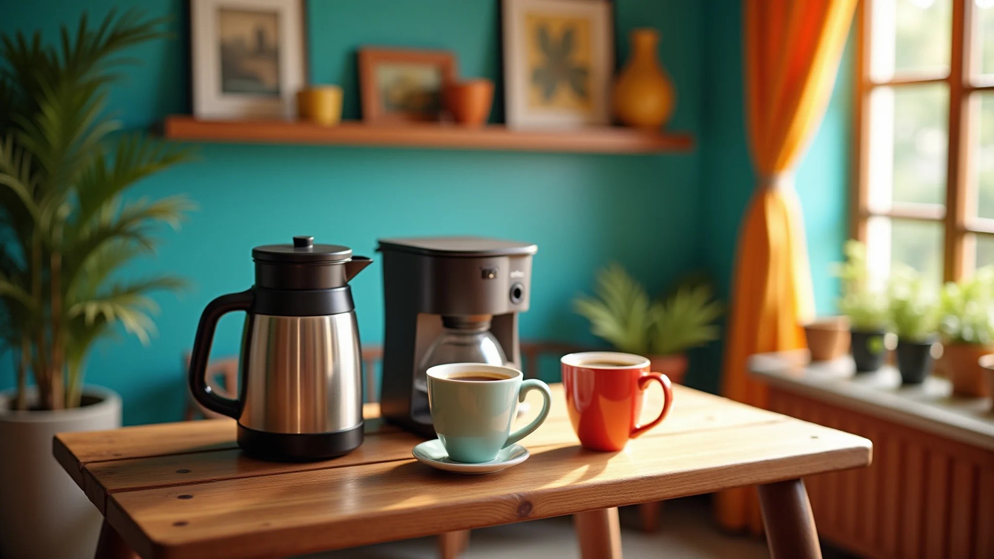 Cantinho do café aconchegante em casa brasileira, cores vibrantes e cafeteira.