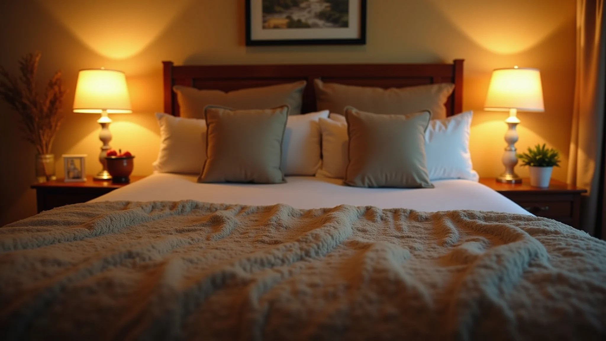 Quarto de casal aconchegante com iluminação suave e abajures, estilo brasileiro.