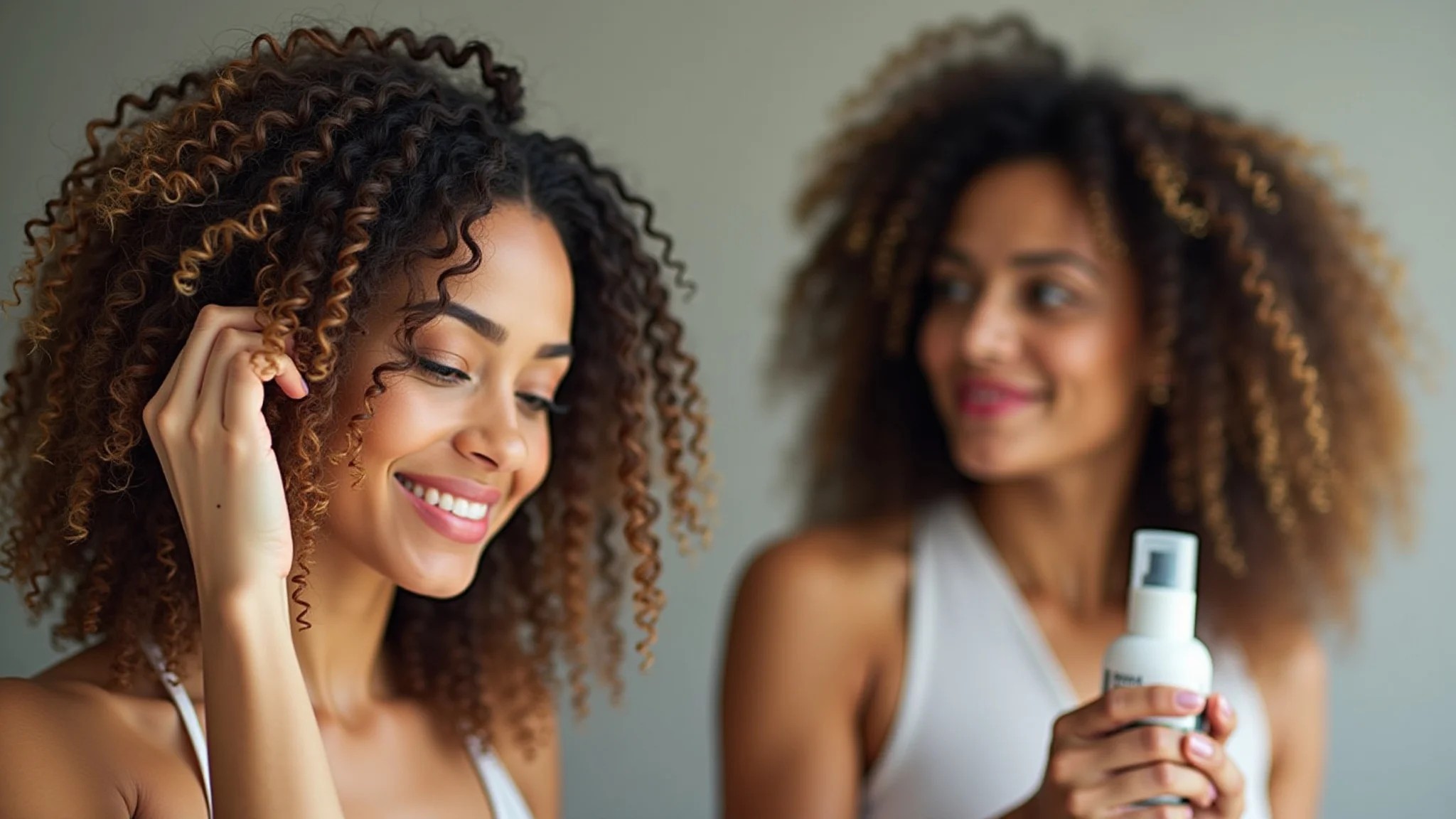 Comparativo de produtos para cachos: ativador vs creme, mulher brasileira aplicando.