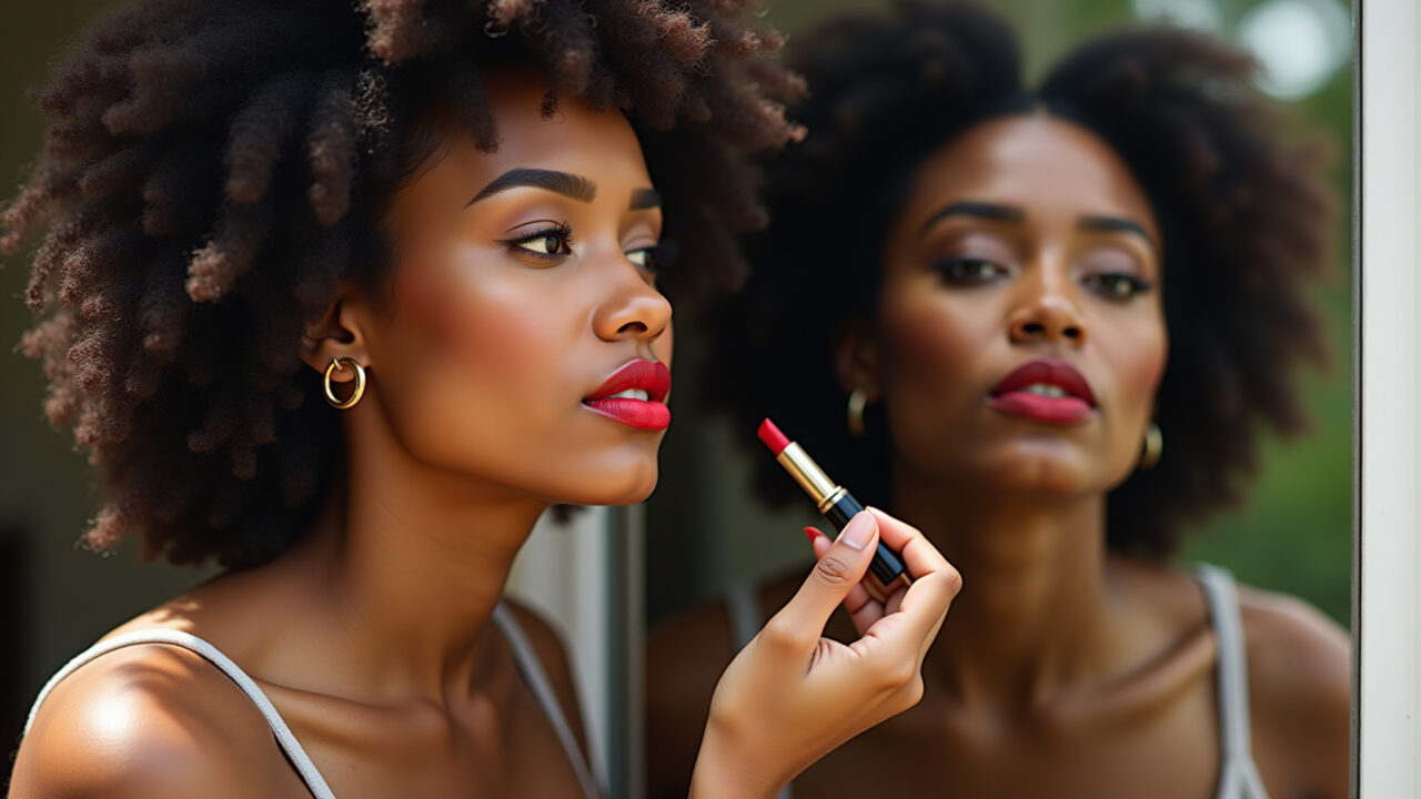 Mulher negra aplicando batom vermelho vibrante.