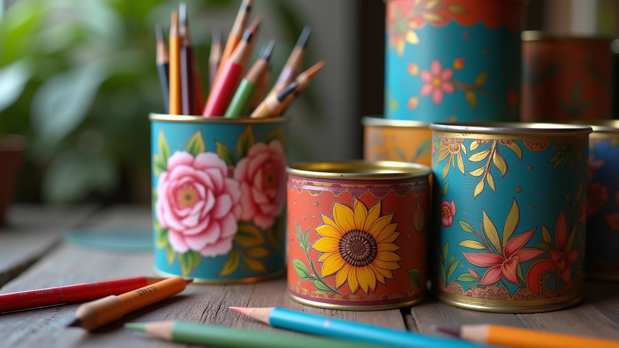 Latas decoradas organizando materiais de artesanato, decoupage vibrante.