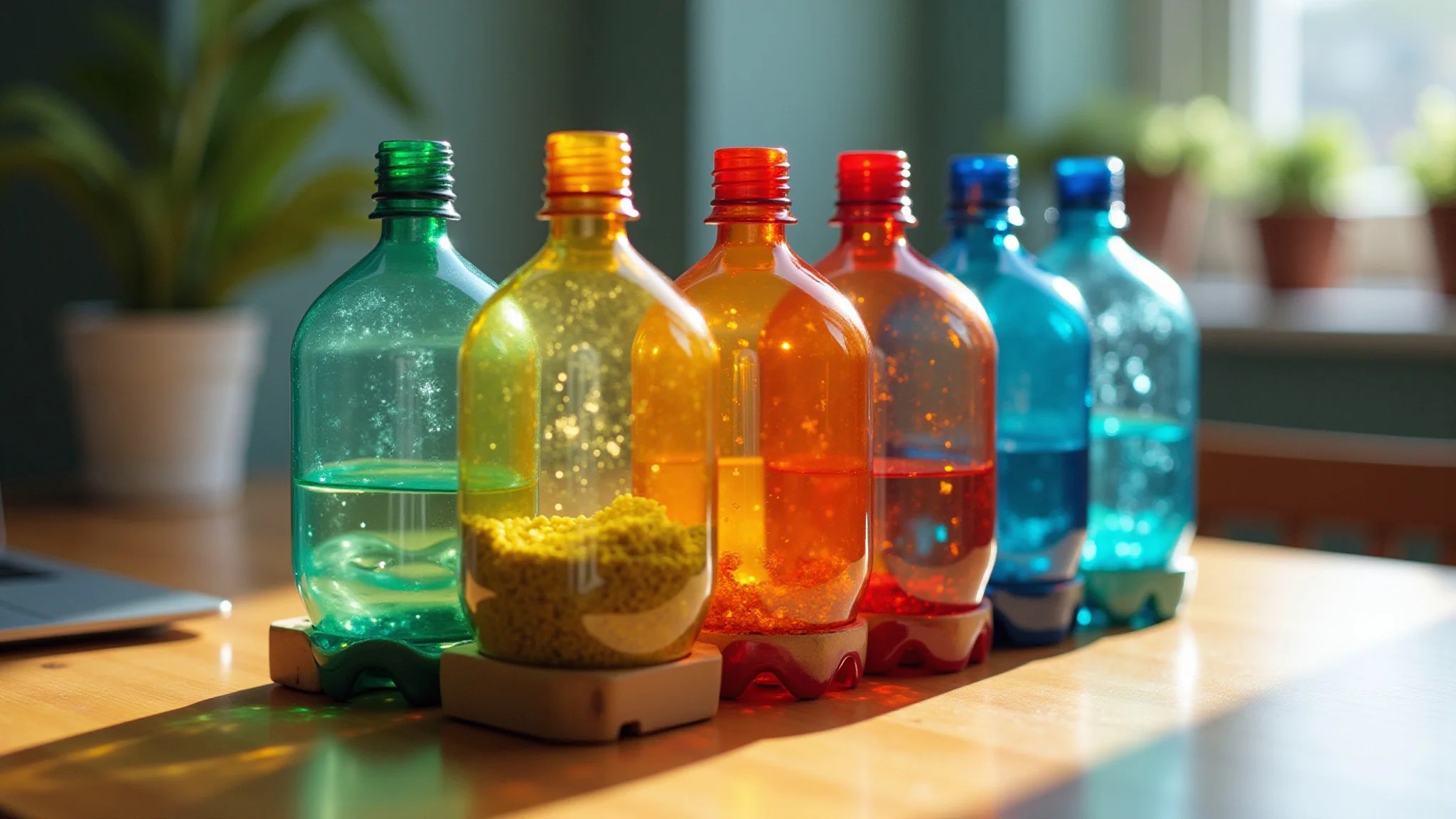 Organizador de mesa feito de garrafas PET recicladas, pintadas e coloridas.