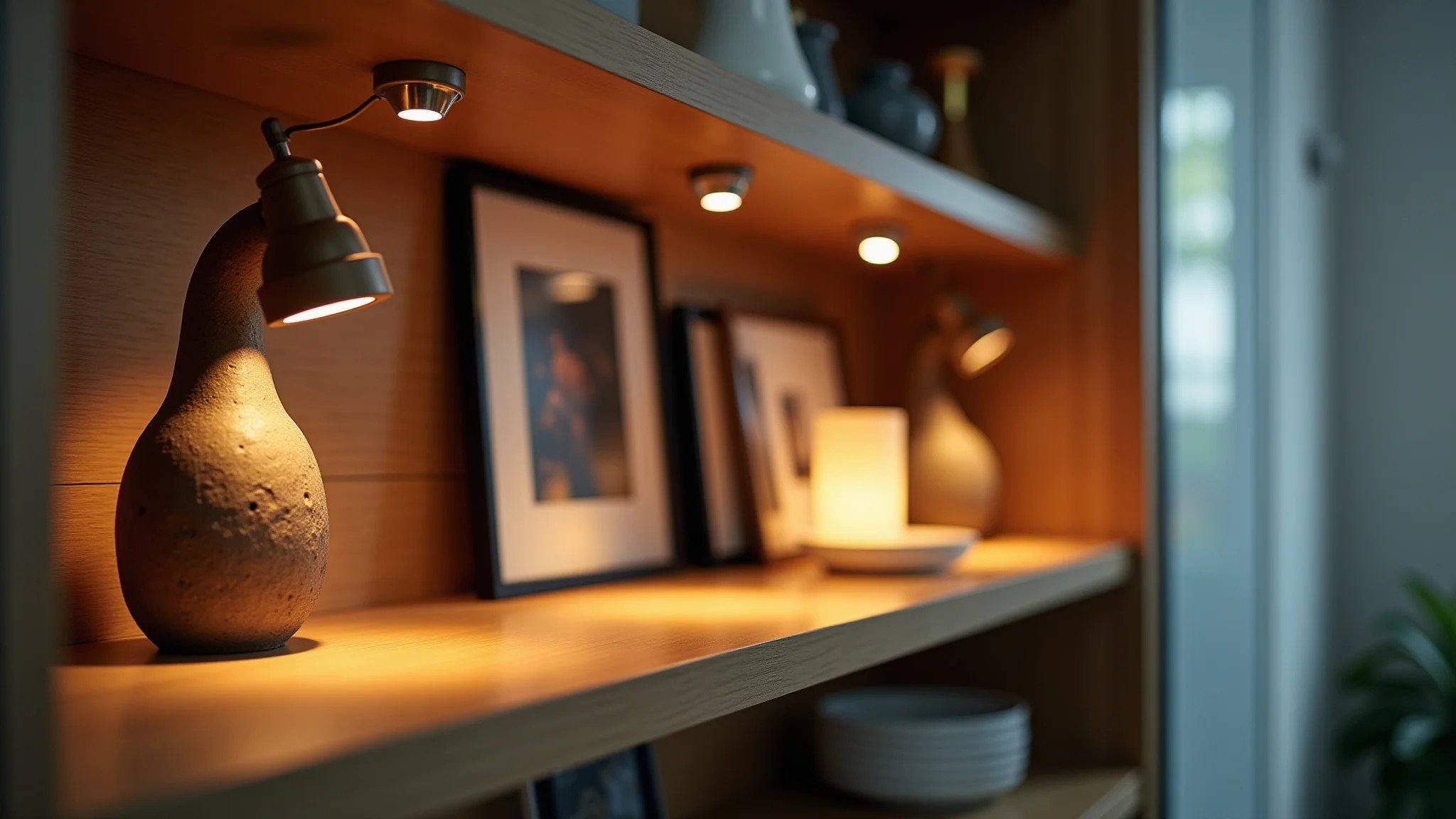 Spots de LED destacando decoração em armário de cozinha, luz quente e foco preciso.