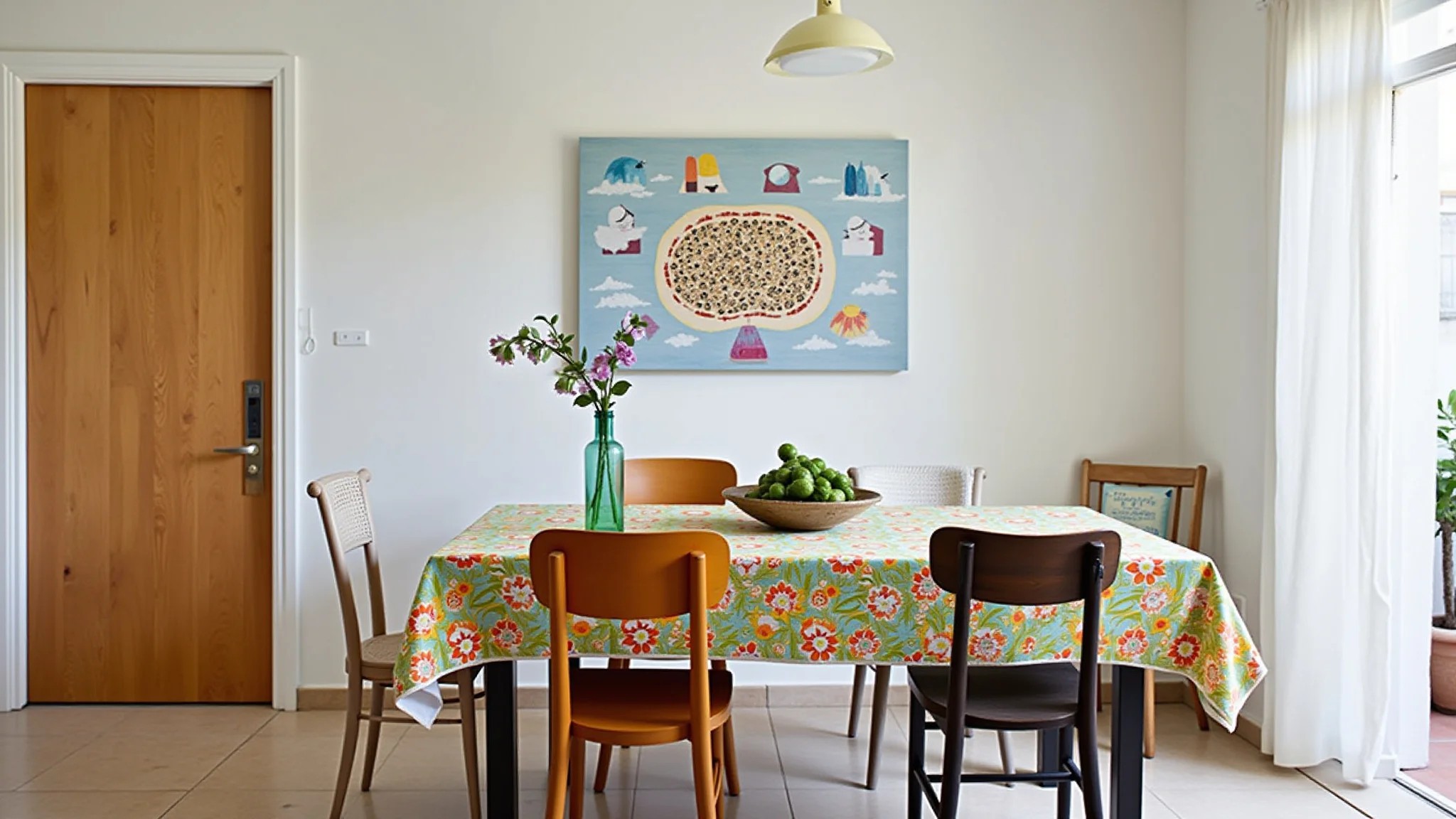 Sala de jantar com cadeiras diferentes e arte DIY na parede.