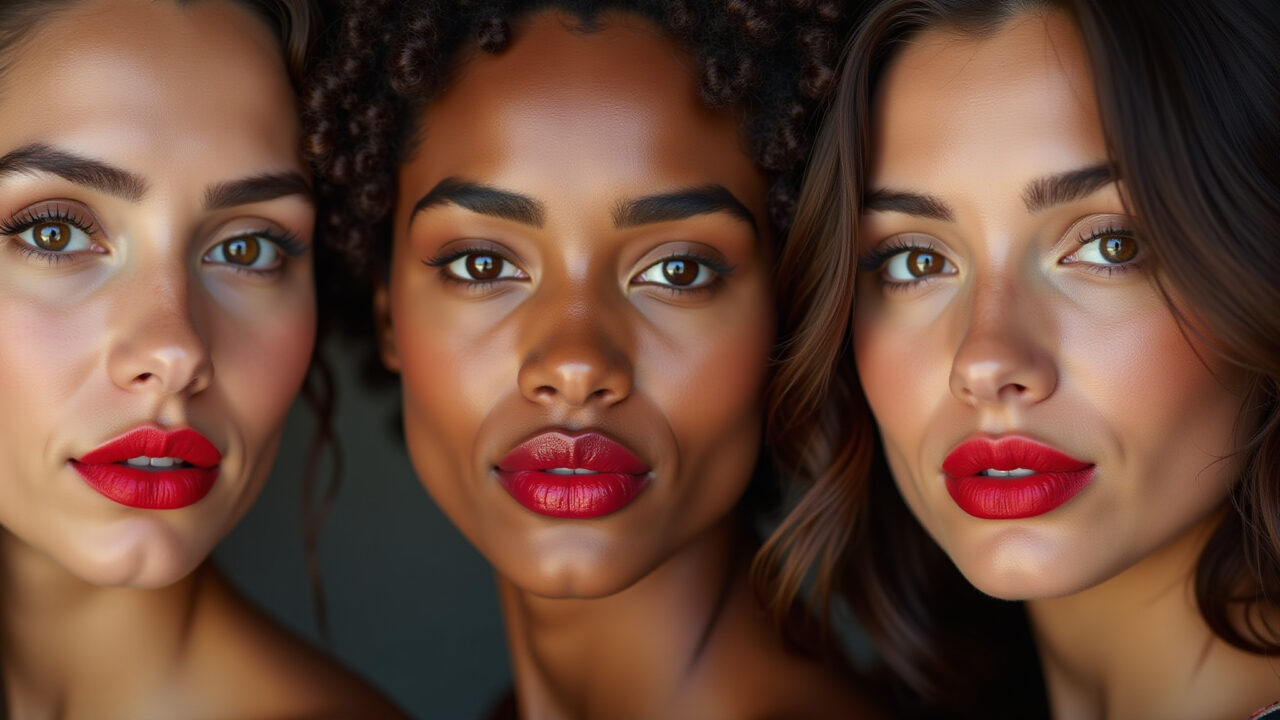 Mulheres brasileiras comparando tons de batom vermelho.