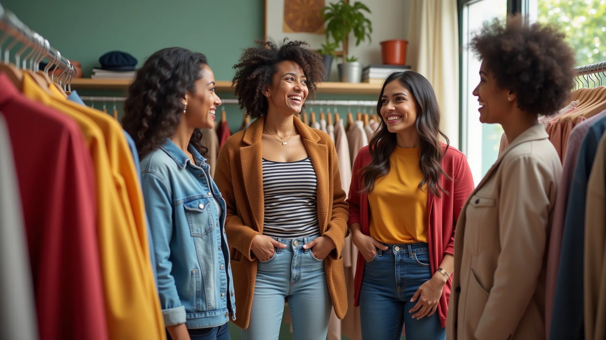 Grupo diverso de mulheres brasileiras provando roupas em boutique colorida.