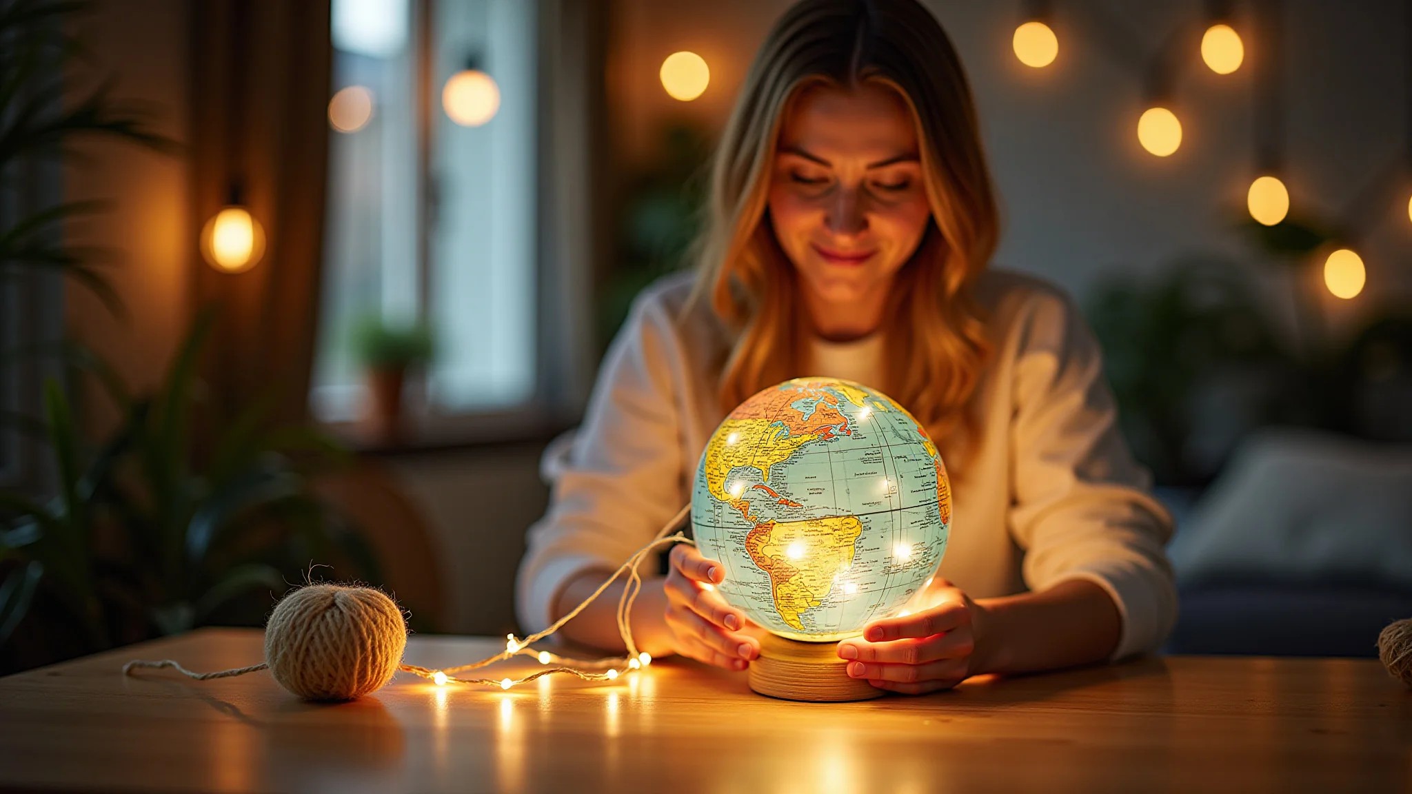 Luminária de barbante DIY sendo criada por uma mulher.