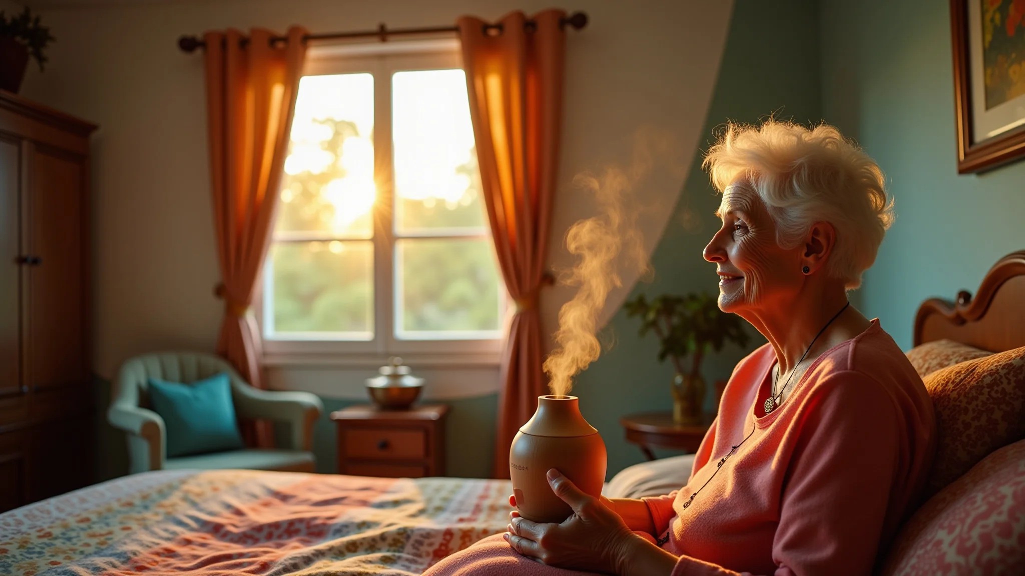 Idosa apreciando o aroma de um aromatizador de varetas em seu quarto.