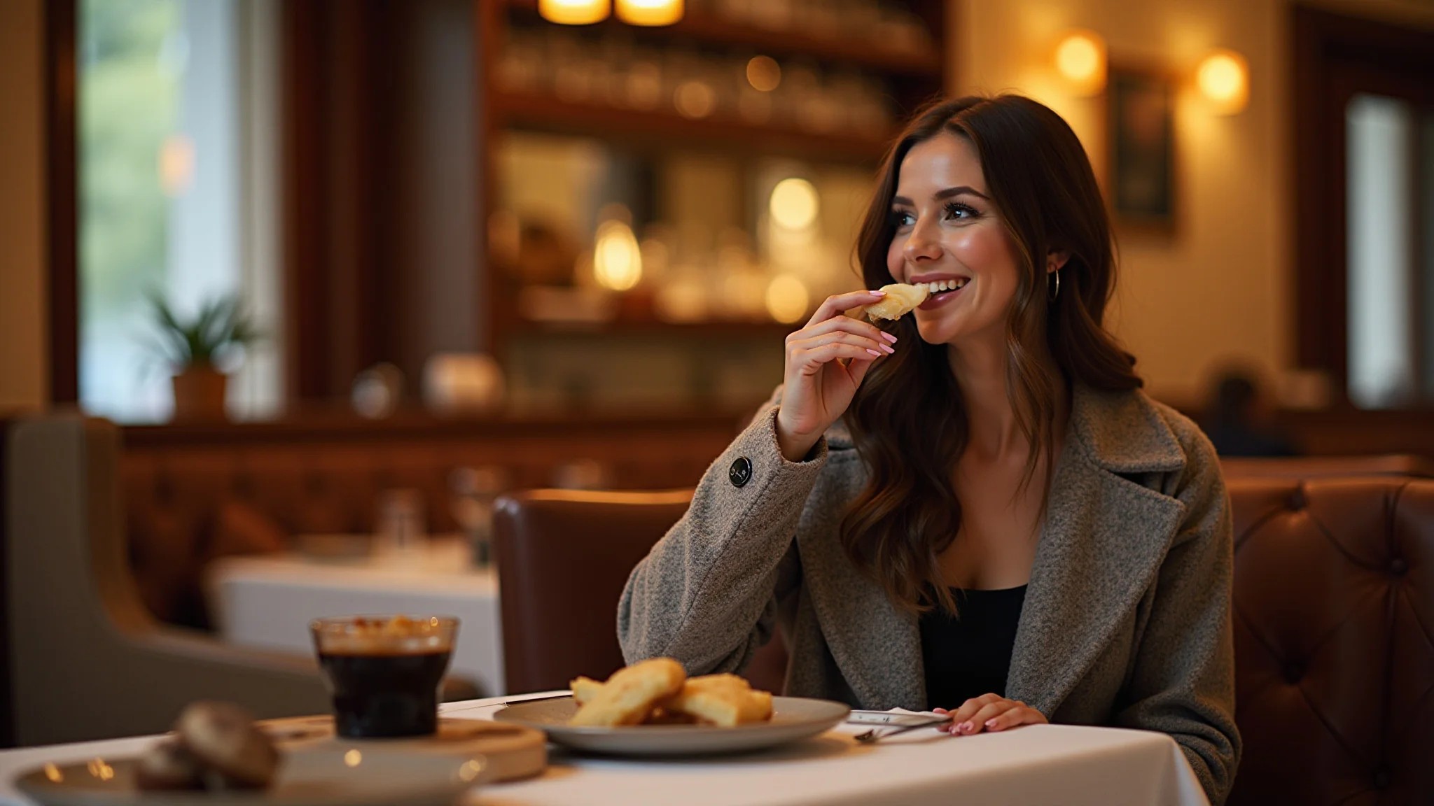 Mulher elegante aproveitando fondue em restaurante aconchegante em Campos do Jordão.
