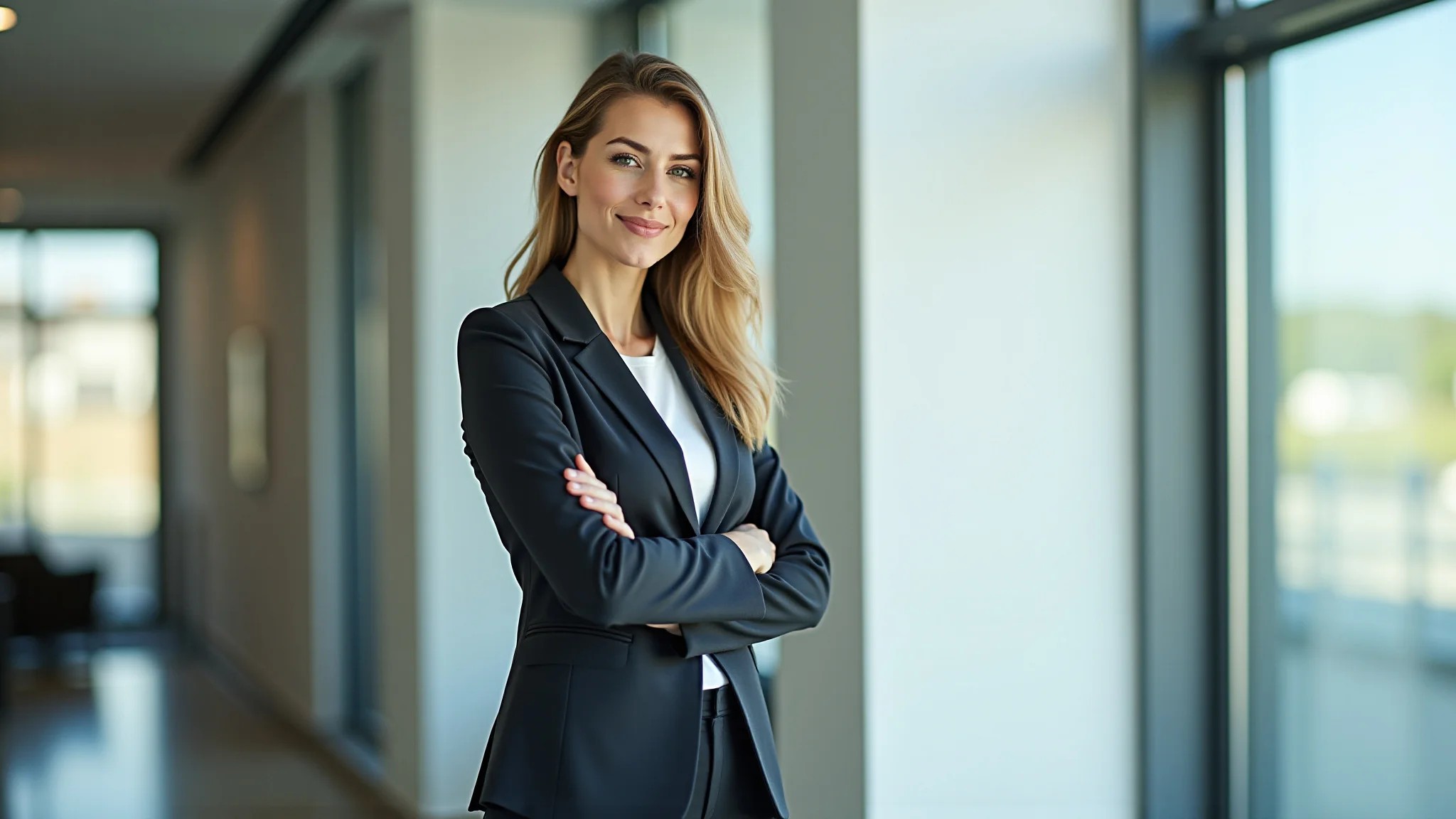 Mulher executiva confiante em reunião, vestindo blazer elegante e calça de alfaiataria.