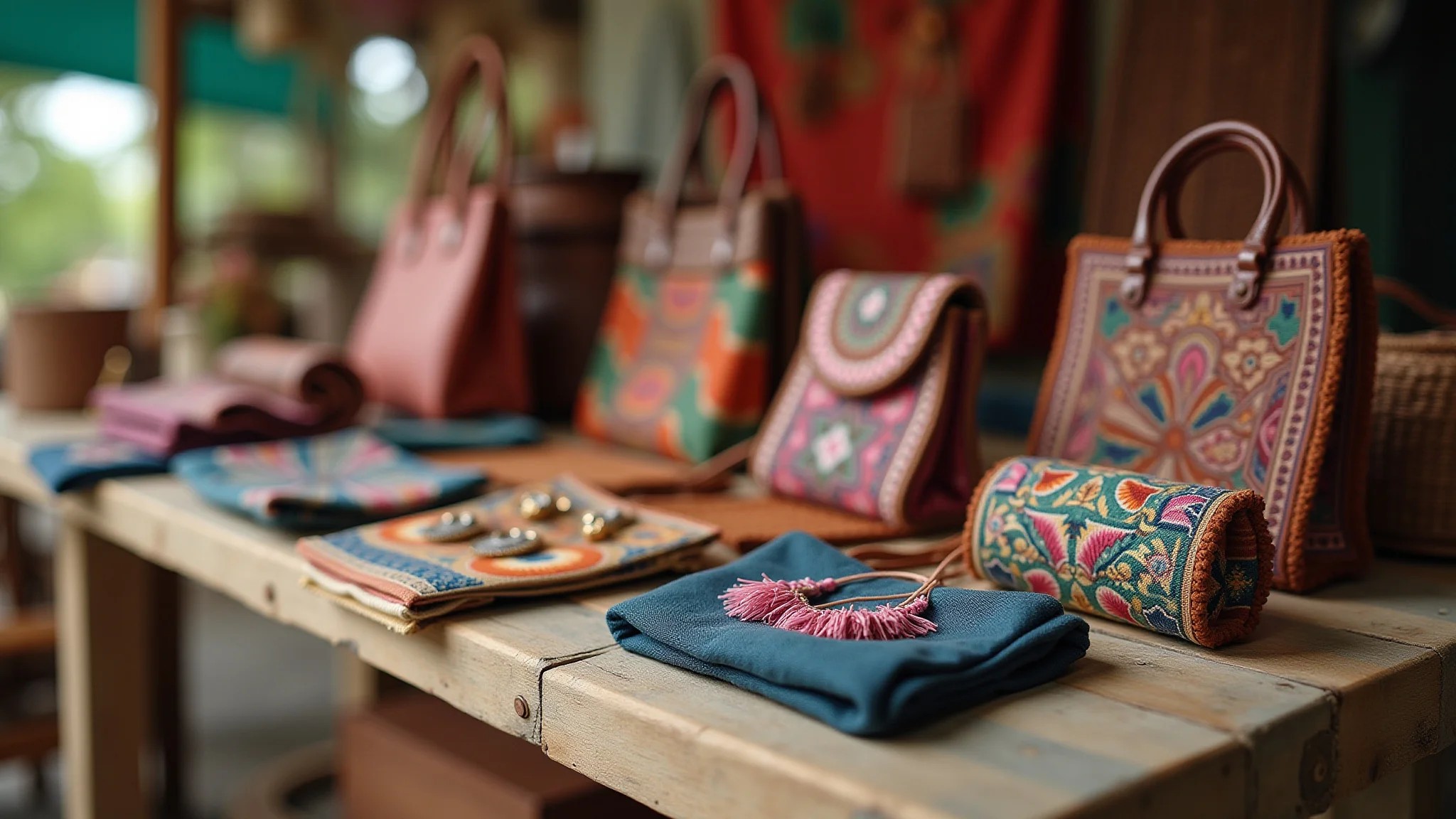 Acessórios de fuxico (bolsas, brincos) em mesa de madeira rústica, mercado de artesanato.