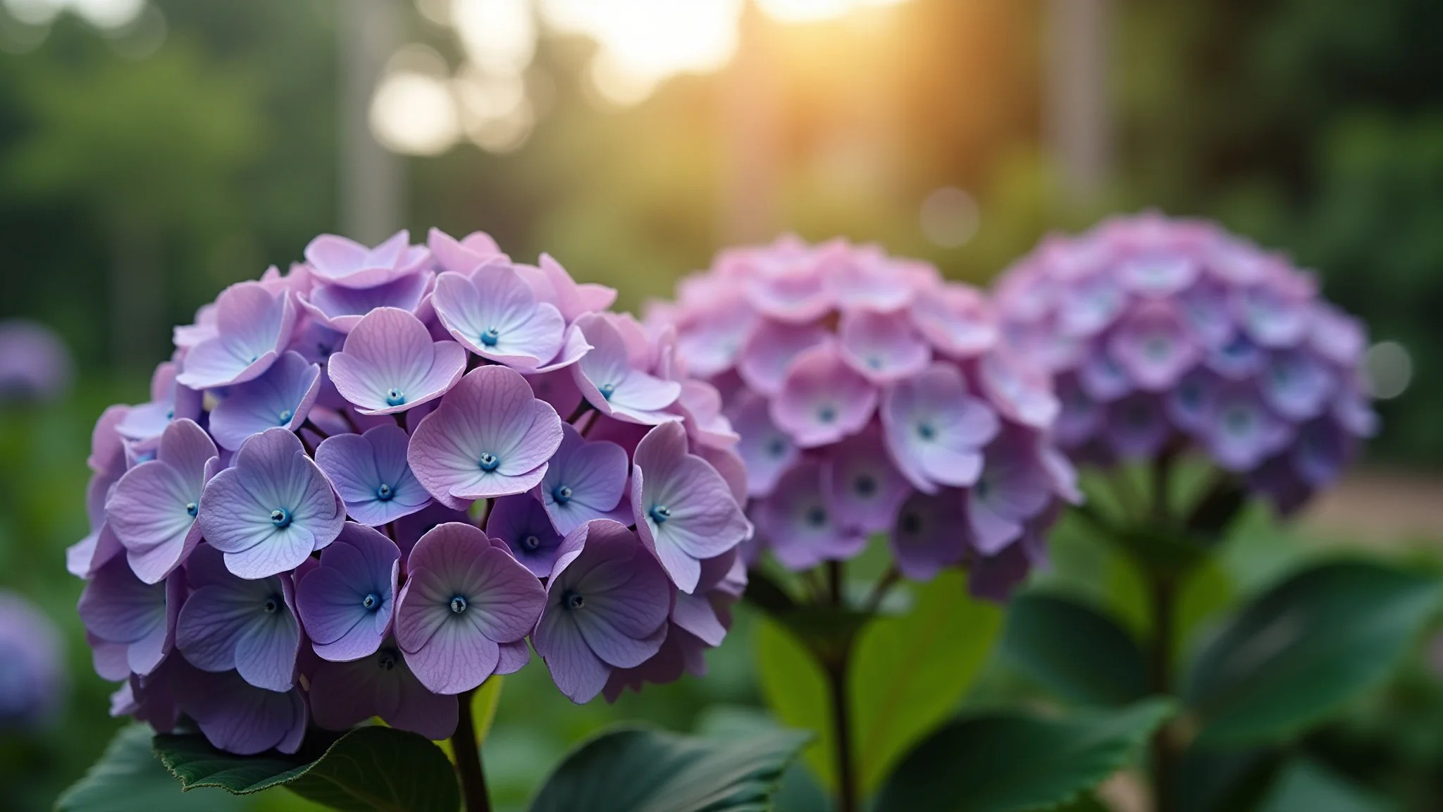 Jardim brasileiro com hortênsias roxas, iluminação natural, fotografia profissional.