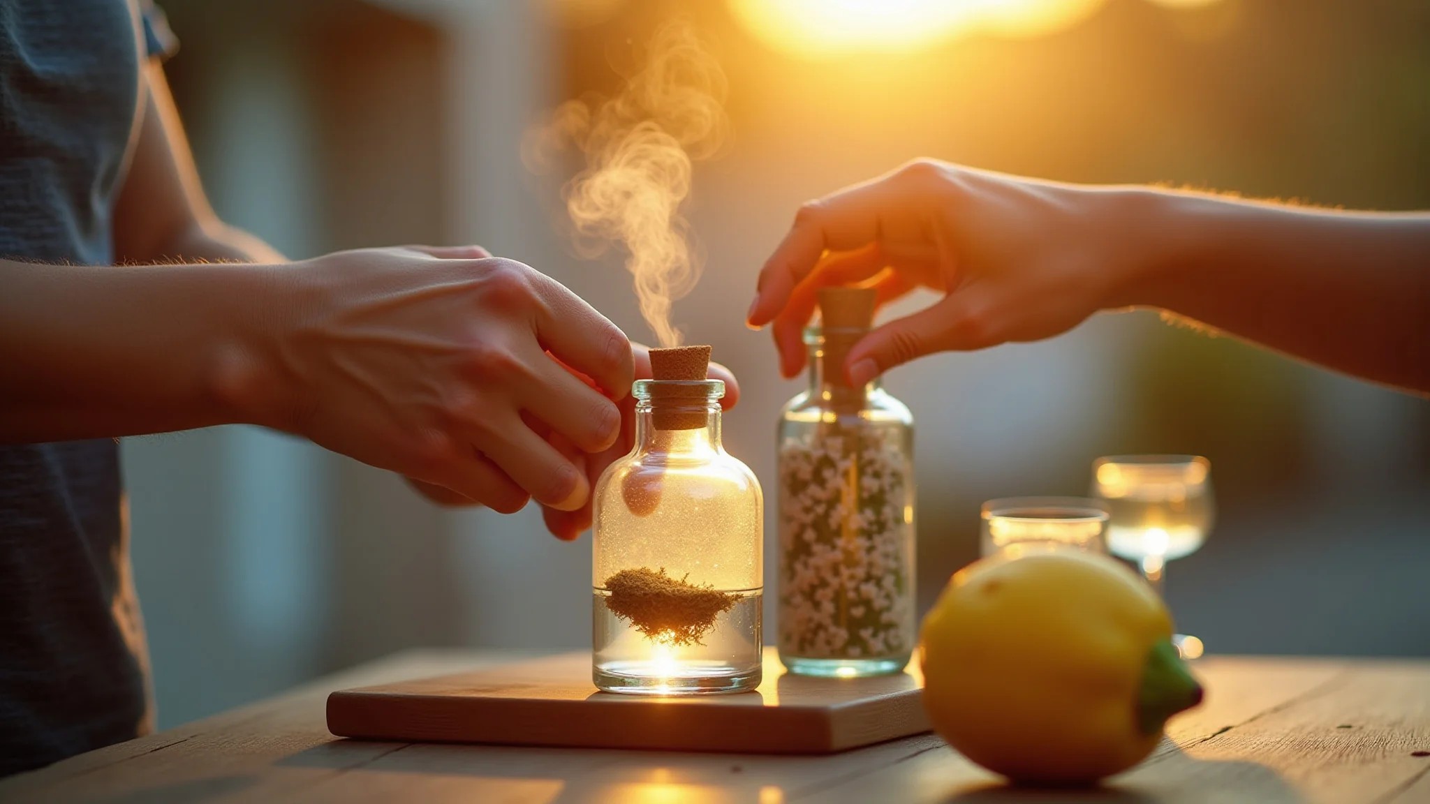 Preparo de aromatizador caseiro em frasco de vidro.