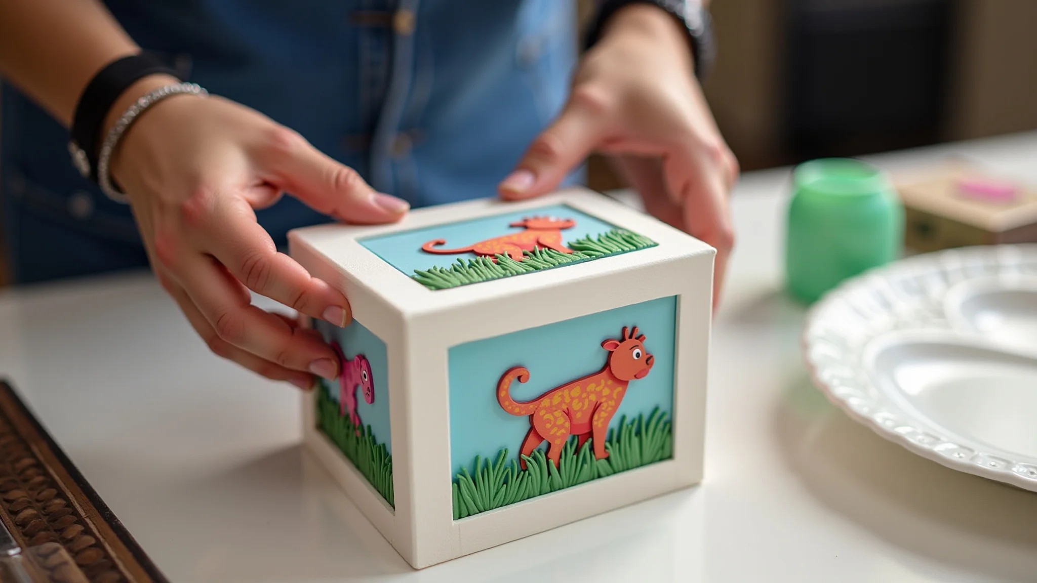 Mãos montando caixinha decorada de EVA, artesanato brasileiro, faça você mesmo.