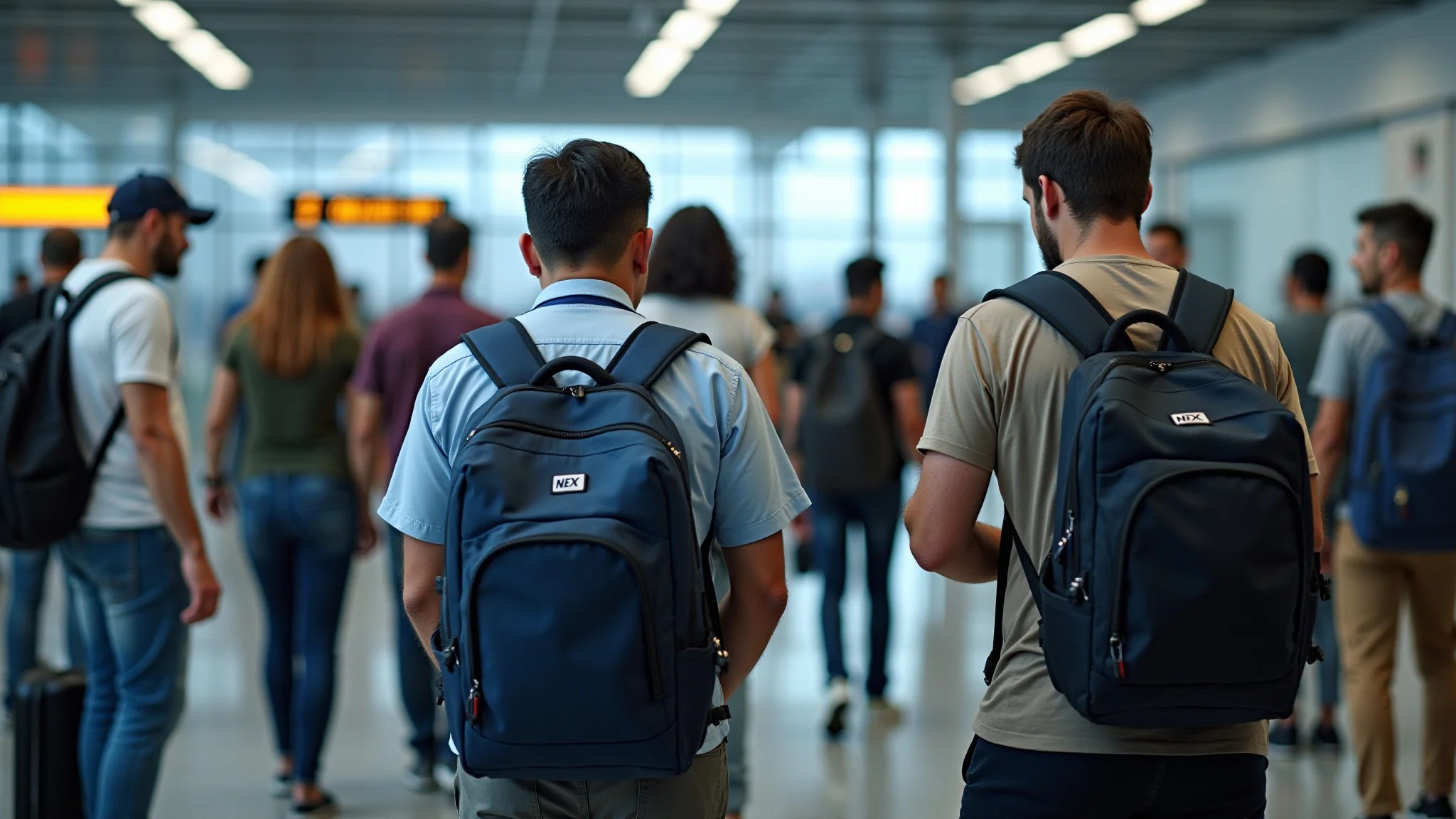 Passageiros brasileiros em um posto de segurança do aeroporto, mostrando itens permitidos e proibidos.