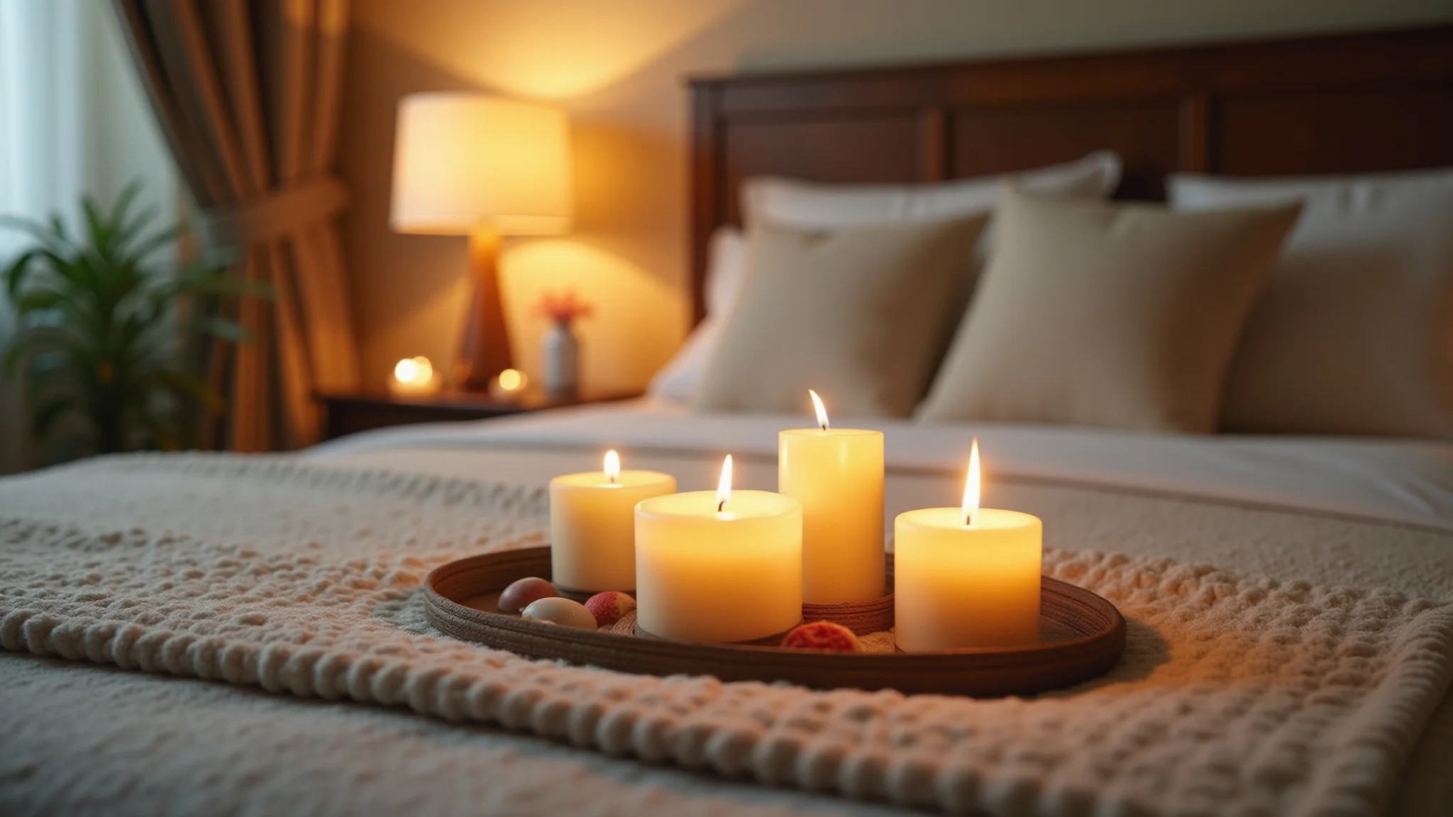 Quarto decorado com velas aromáticas criando um ambiente relaxante.