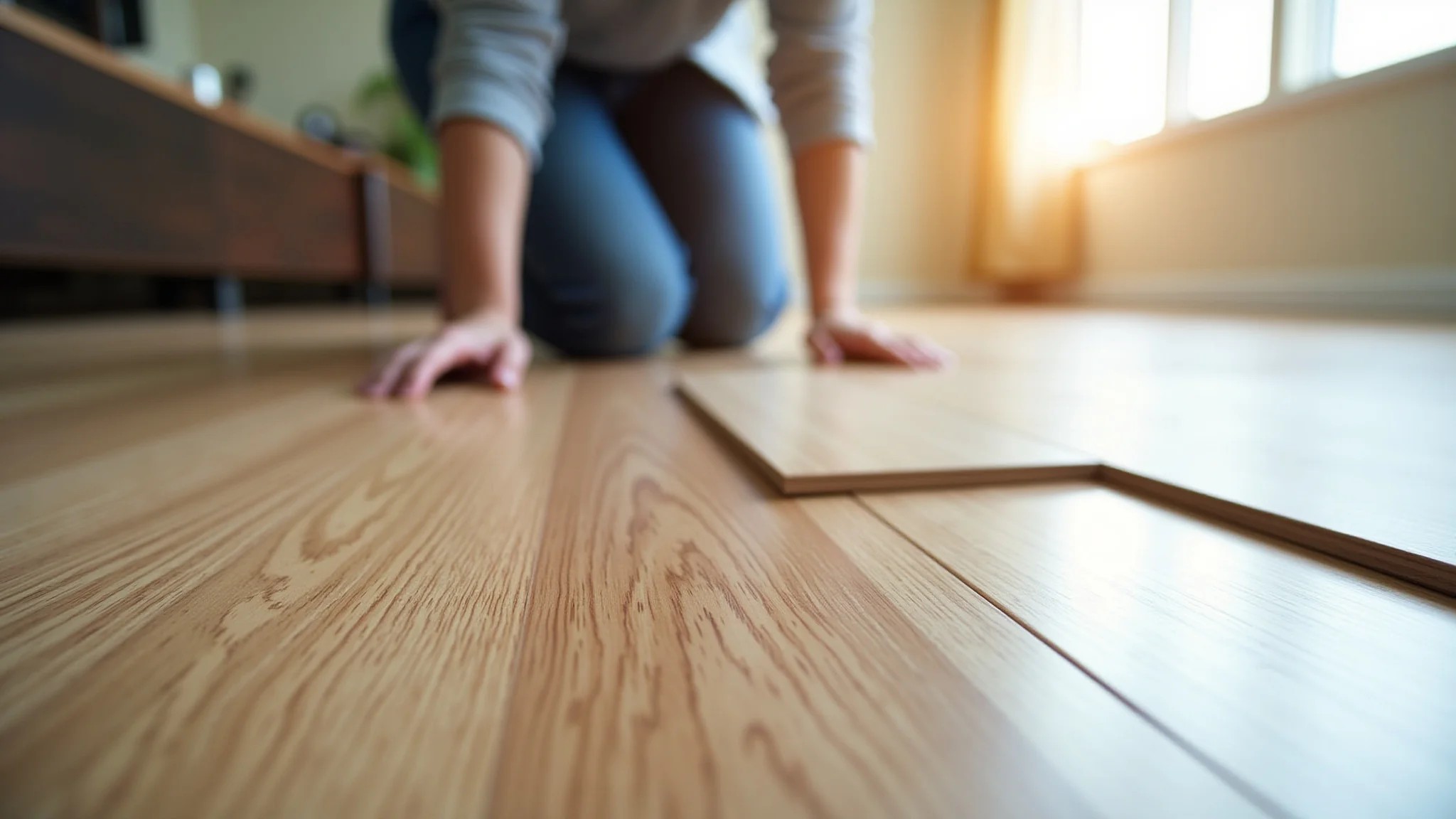 Instalação de piso laminado, foco no encaixe das peças.