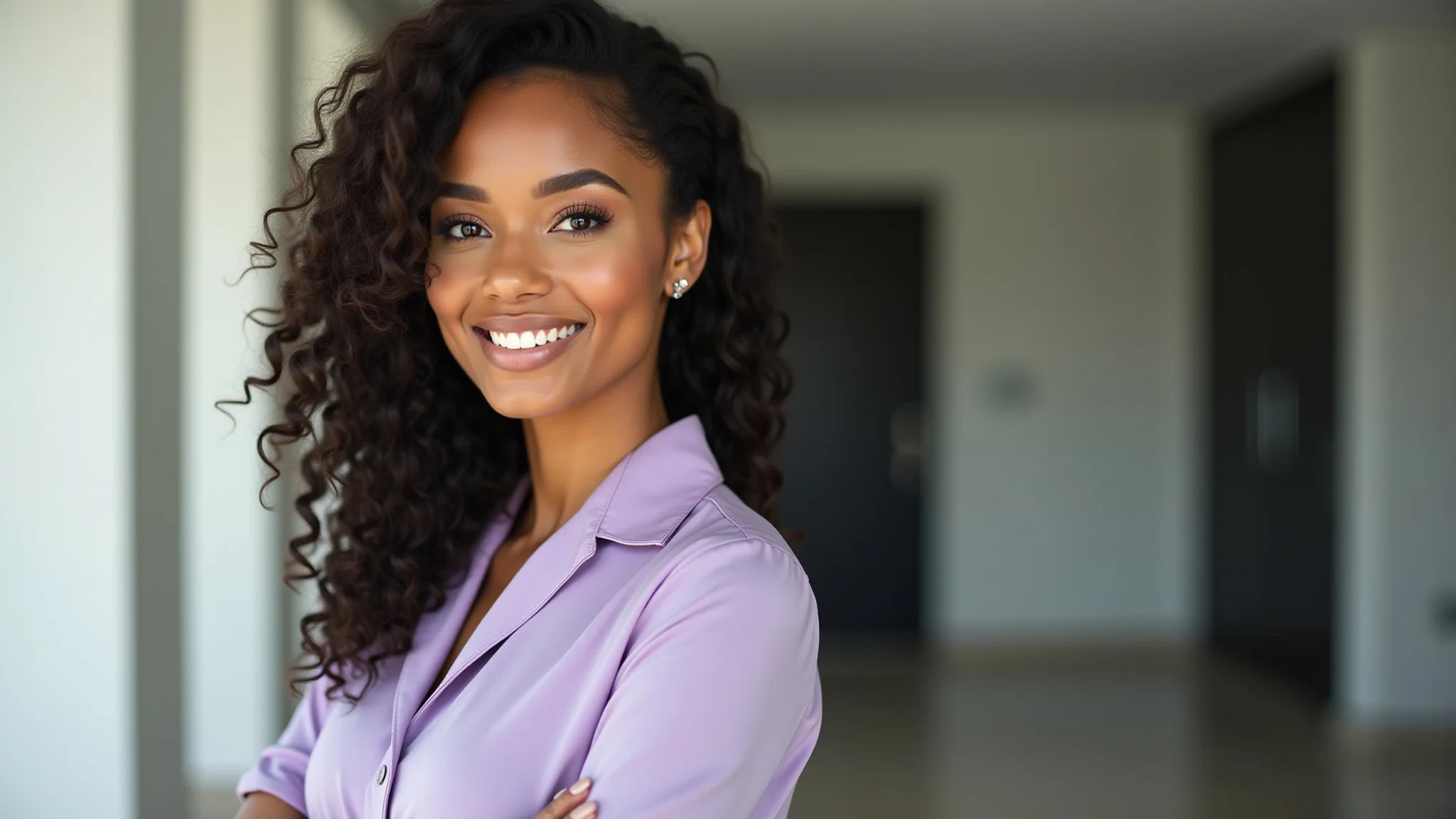 Mulher de pele morena clara usando uma blusa lilás pastel em ambiente iluminado.