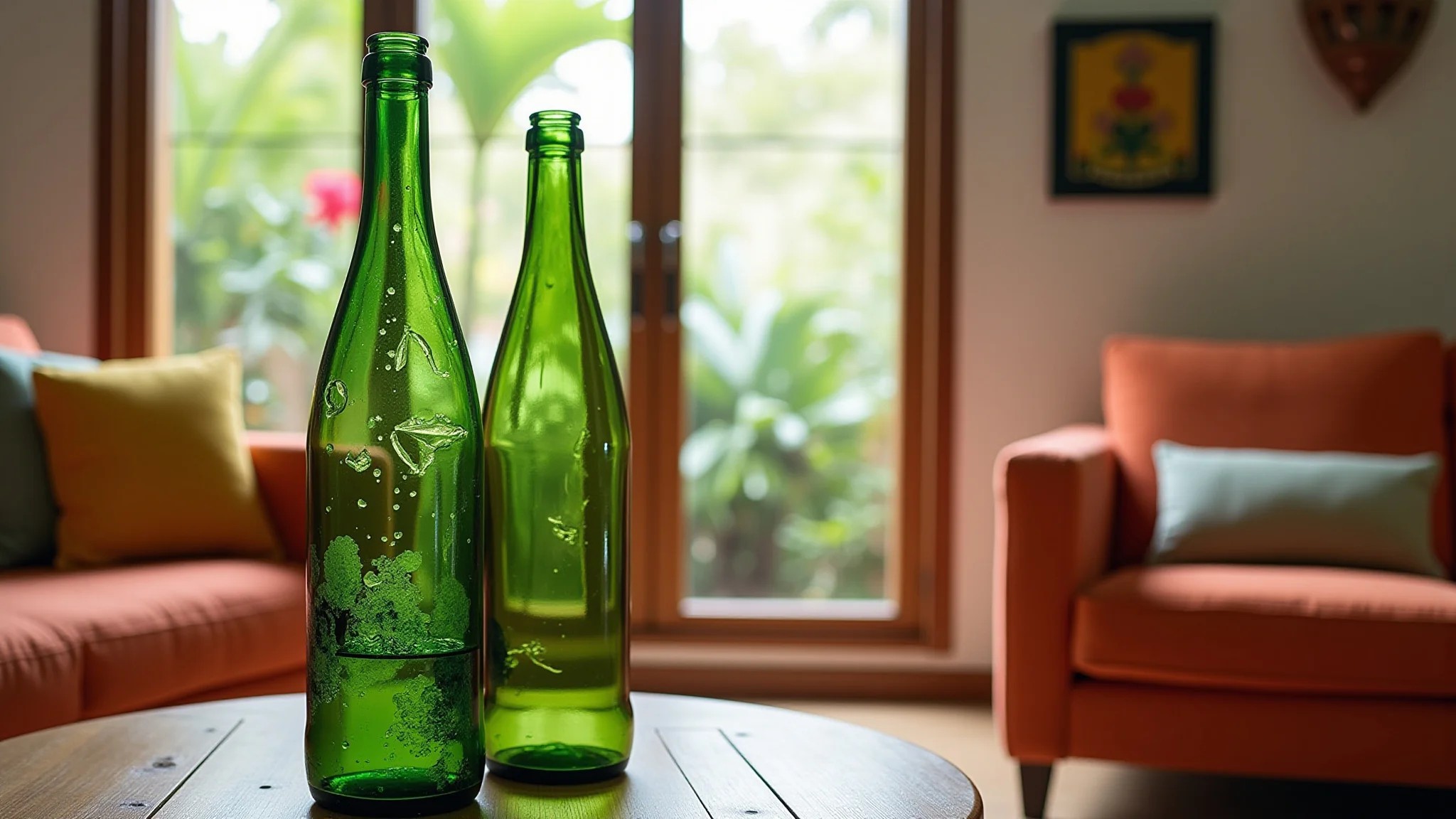 Sala decorada com garrafas de vidro recicladas como vasos, cores vibrantes.