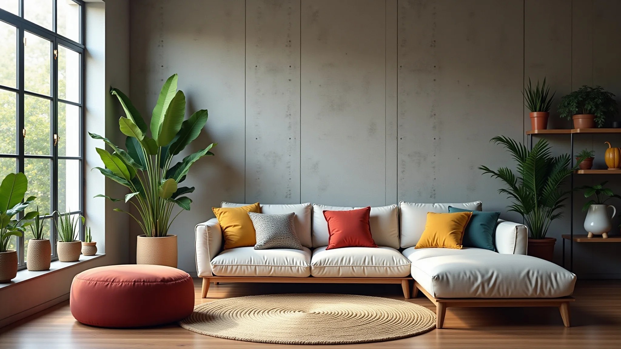 Sala de estar moderna com parede de cimento queimado, design brasileiro e iluminação natural.