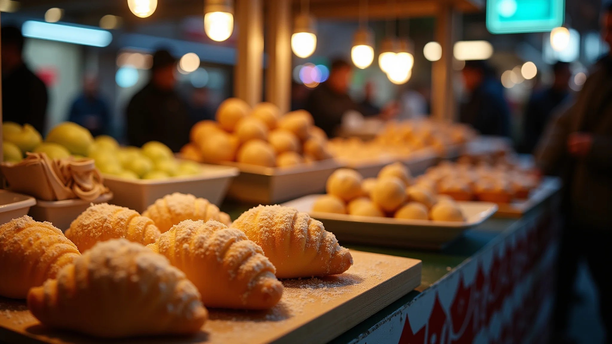 Mercado de San Telmo à noite, barracas de comida, empanadas e doce de leite, ambiente animado.