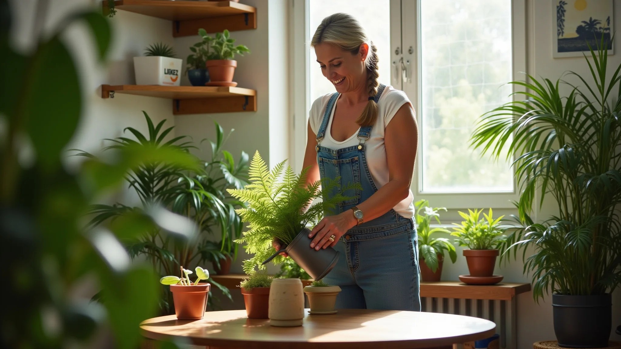 Mulher de meia-idade regando samambaias em apartamento brasileiro ensolarado com decoração estilo Farm Rio.