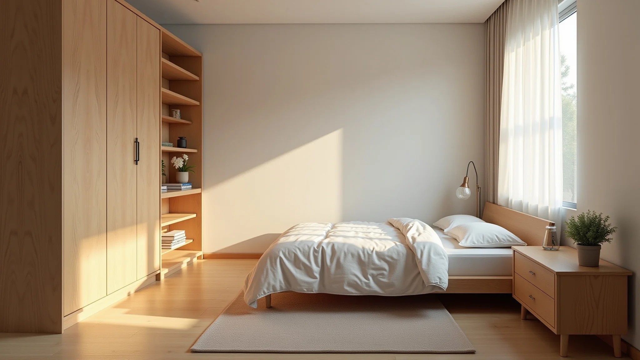 Quarto pequeno minimalista com soluções de armazenamento inteligentes e móveis de madeira clara.