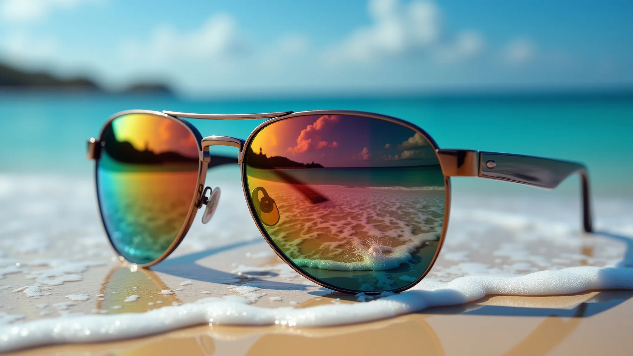 Óculos espelhados refletindo a praia, estilo moderno e proteção contra o sol.