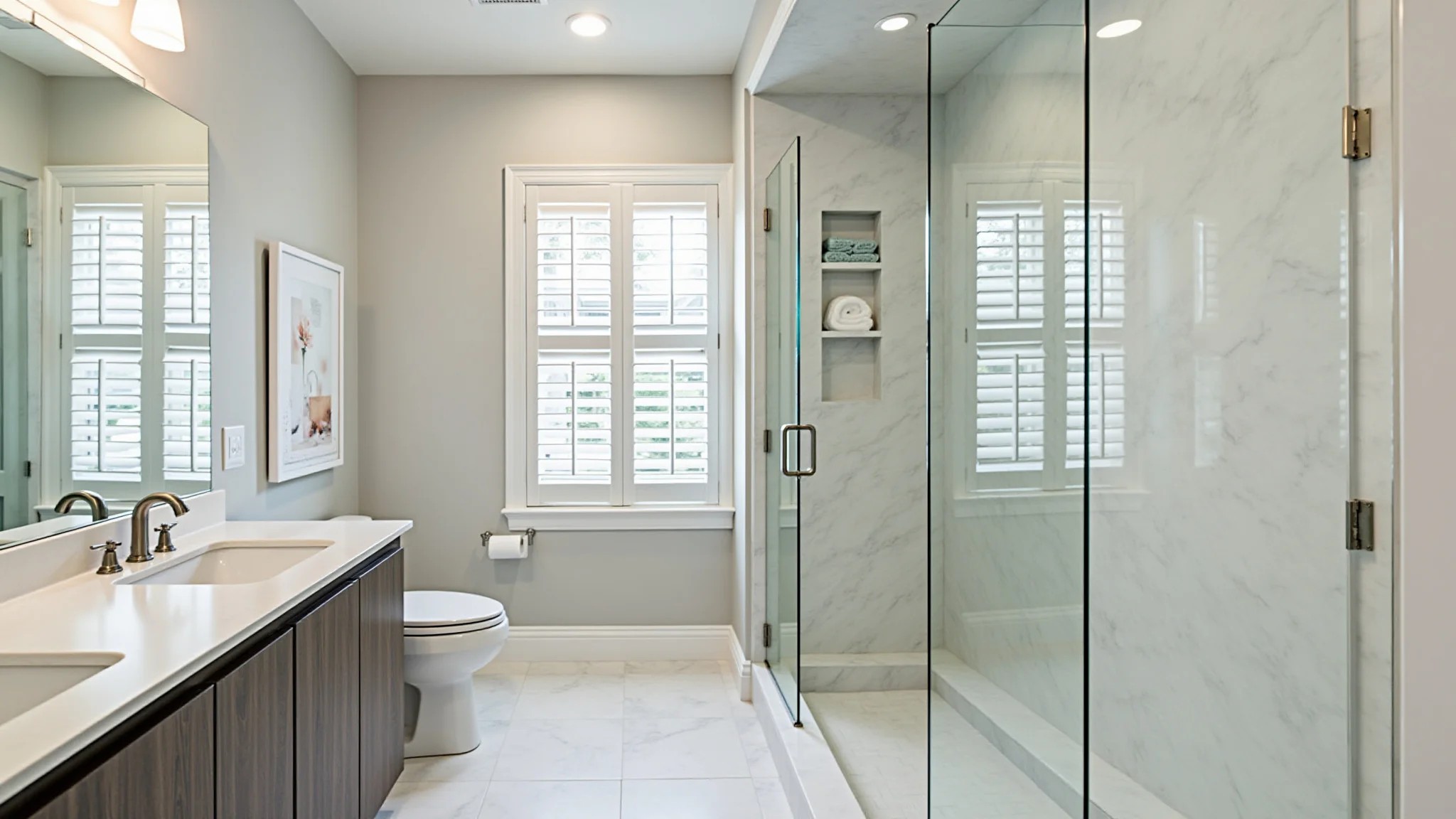 Banheiro moderno reformado com linhas limpas, cores neutras e design elegante.