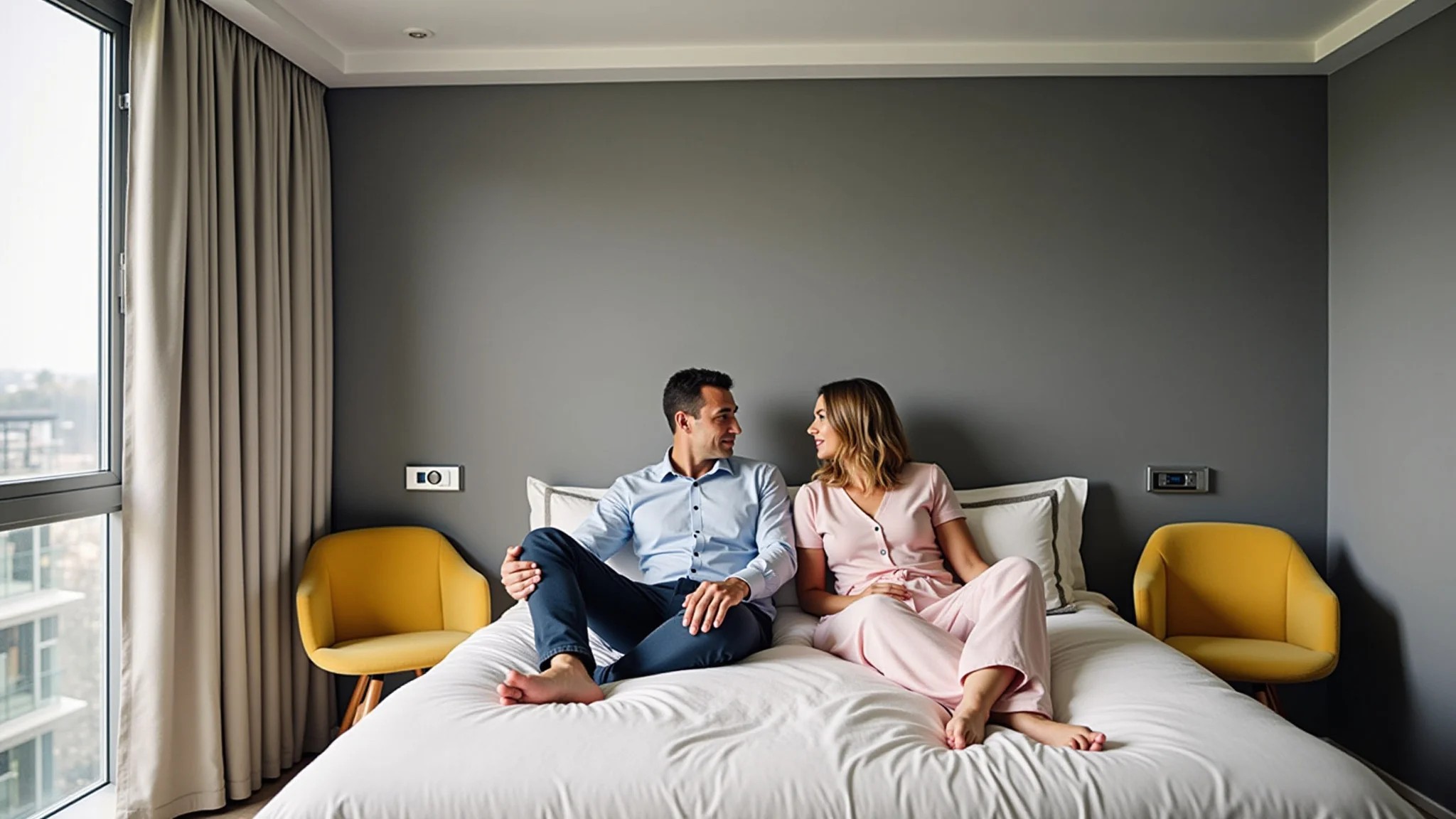 Quarto de casal moderno com paredes cinzas e toques de amarelo e rosa.