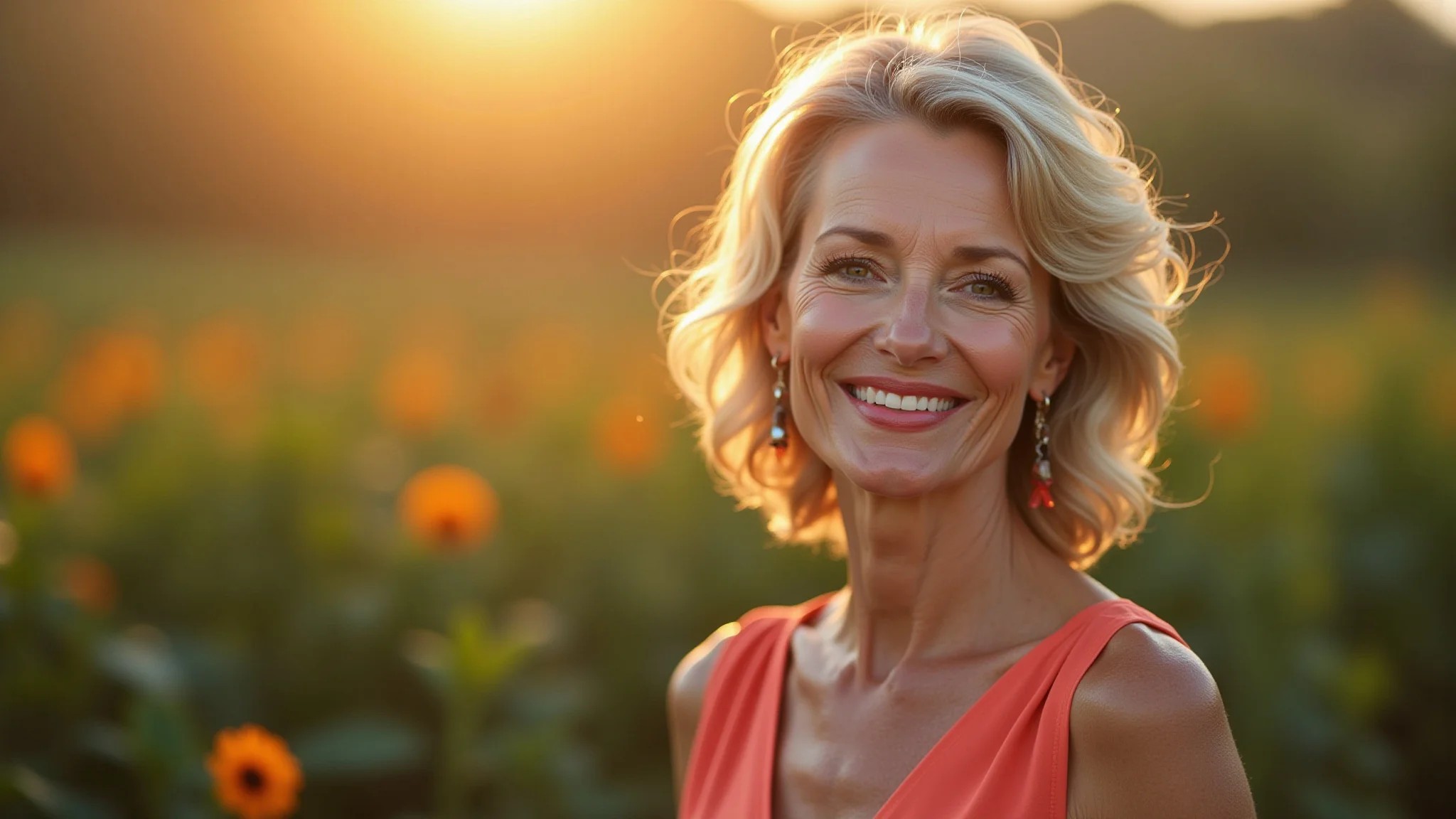 Mulher madura com maquiagem elegante e batom coral, sorrindo confiantemente em cenário vibrante.