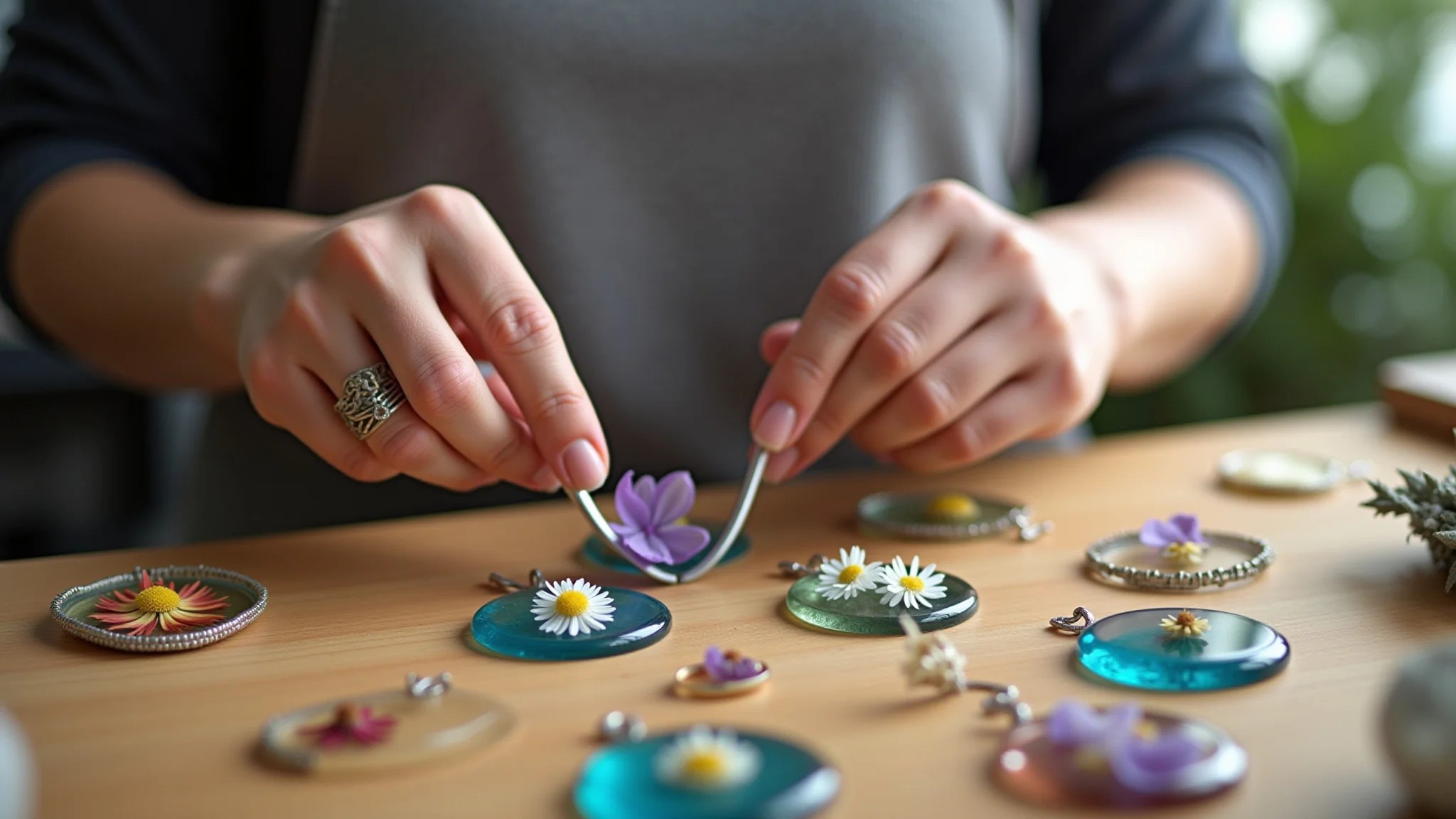 Artesã criando bijuterias de resina com flores secas. Cores vibrantes e detalhes em close-up.