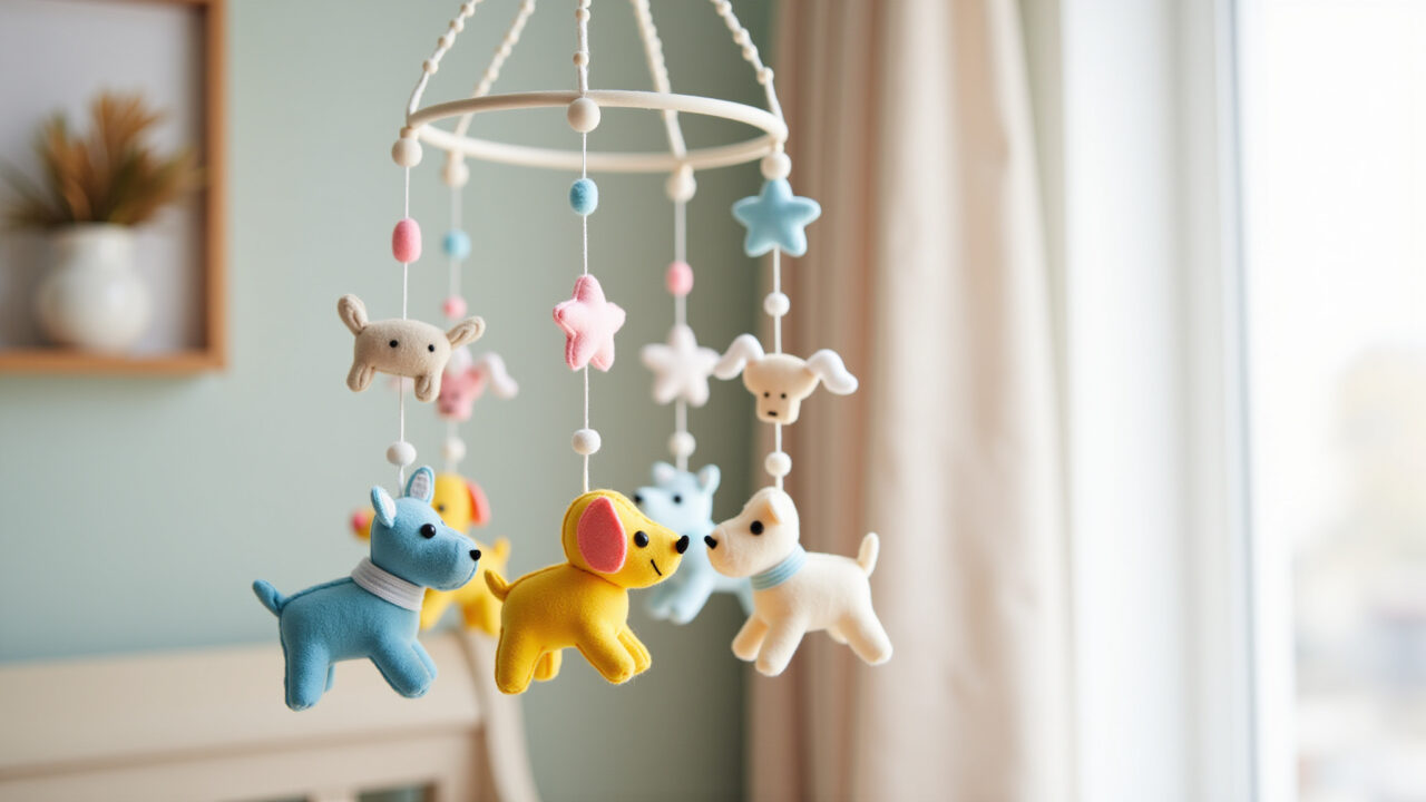 Mobile para bebê com cachorrinhos de feltro em tons pastel.