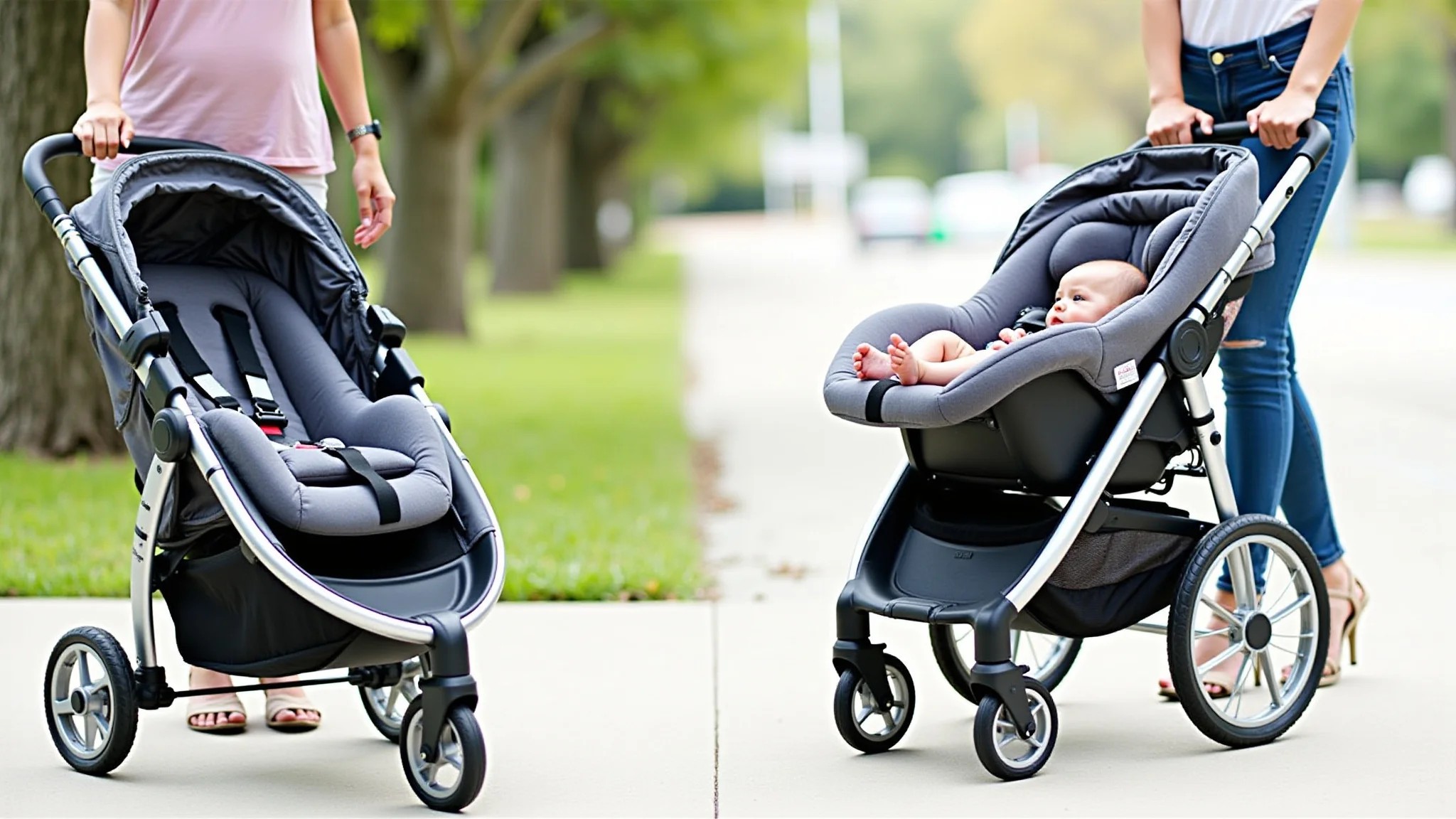 Carrinho de bebê com bebê conforto, mostrando segurança e conforto.